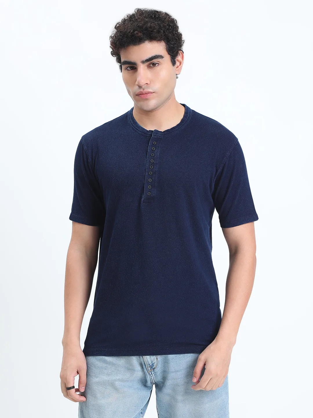 Men's Navy Blue Henley Collar Regular Fit T-Shirt french chic