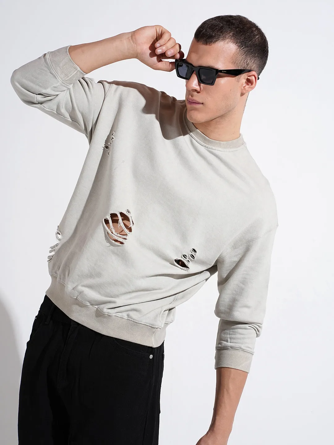 Men's Grey Round Neck Ribbed Regular Fit Sweatshirt Light Color