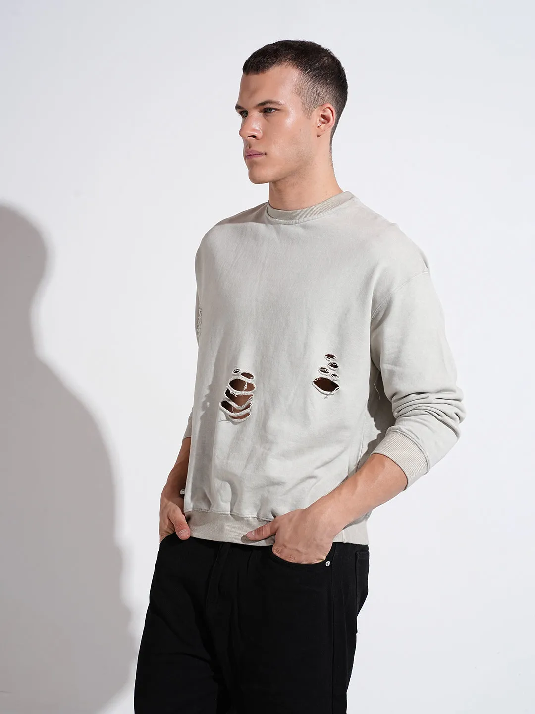 Core Bold Soft Wear Men's Grey Round Neck Ribbed Regular Fit Sweatshirt