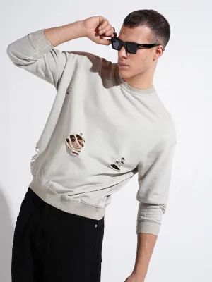 Men's Grey Round Neck Ribbed Regular Fit Sweatshirt Light Color