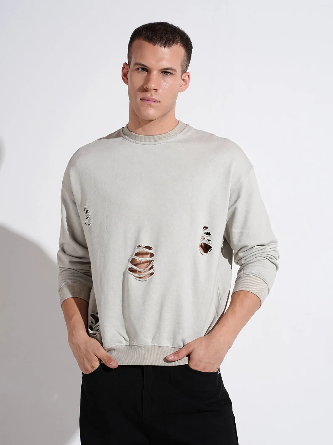 Men's Grey Round Neck Ribbed Regular Fit Sweatshirt Basic Wear Coffee Shop