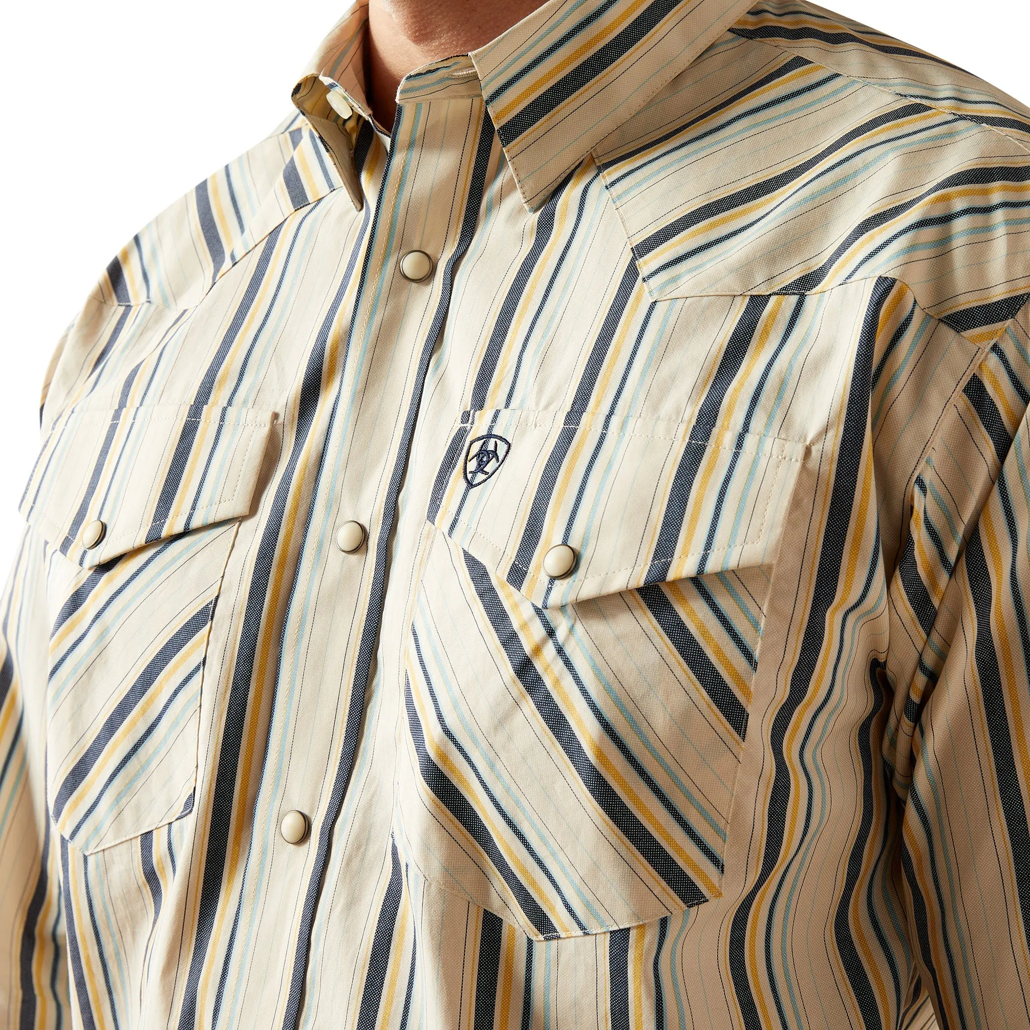 Relaxed fit style Ariat Men's Finnley L/S Striped Classic Fit Western Snap Shirt in Cream