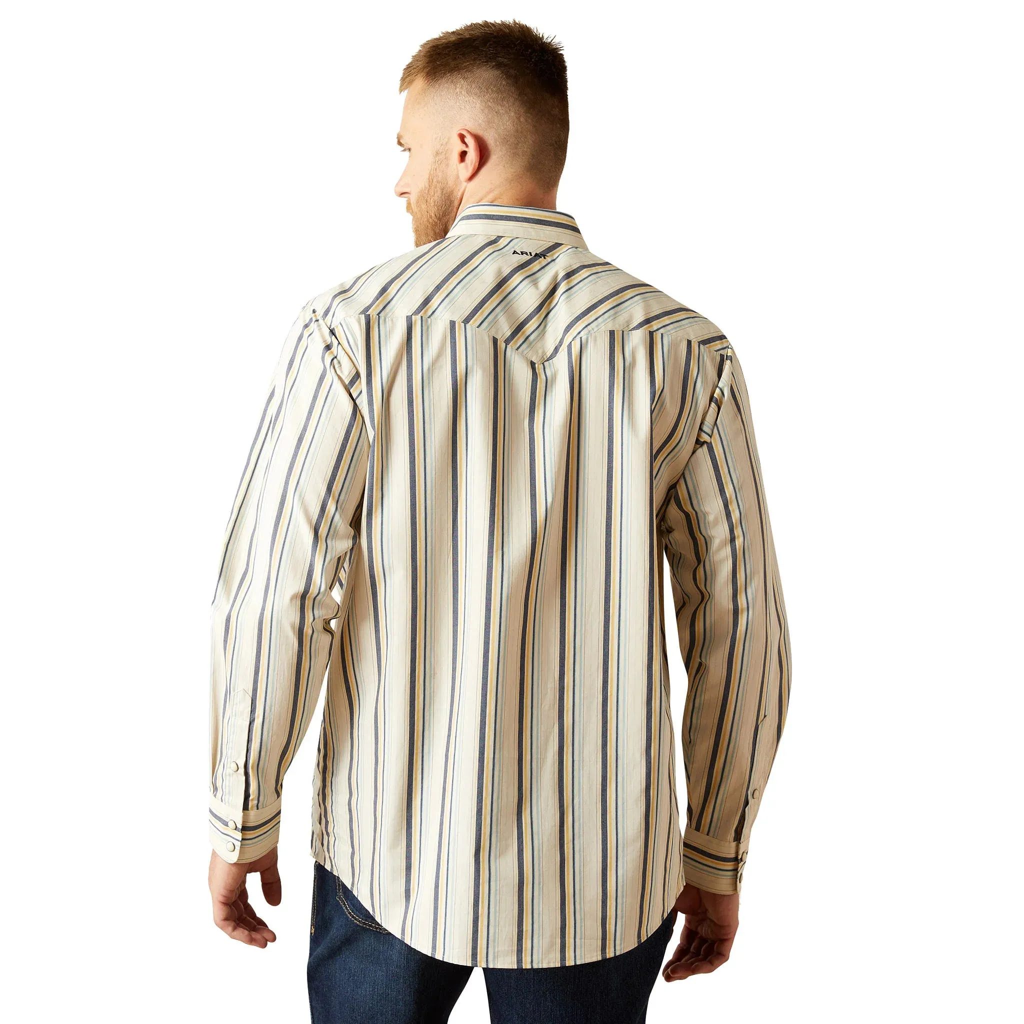 Stretchy Fit Anti Static Fabric Ariat Men's Finnley L/S Striped Classic Fit Western Snap Shirt in Cream