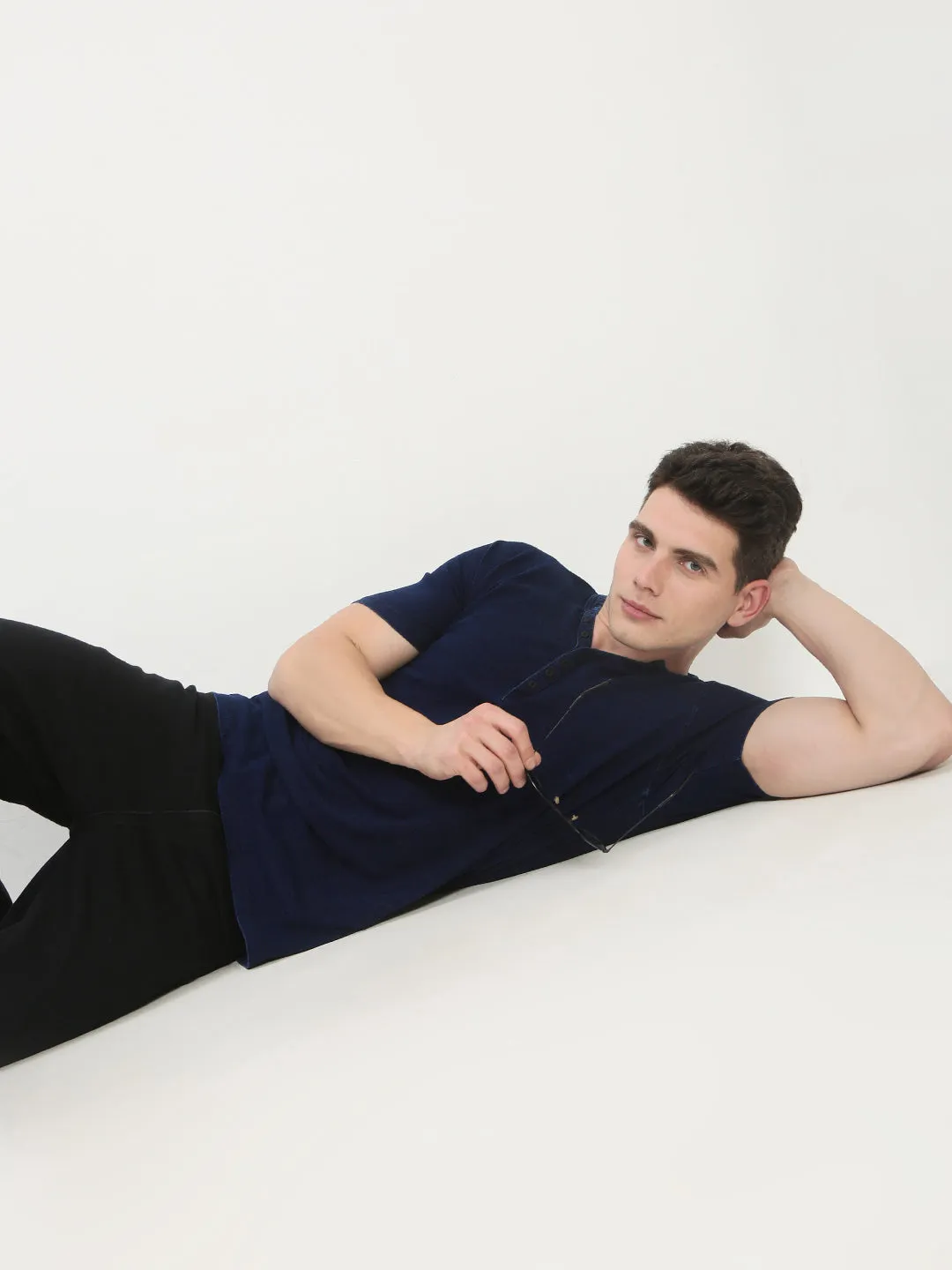 Men's Navy Blue Solid Henley Collar T-Shirt product custom made perfection Layer Active