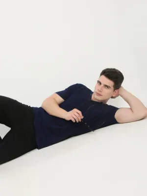 Men's Navy Blue Solid Henley Collar T-Shirt product custom made perfection Layer Active