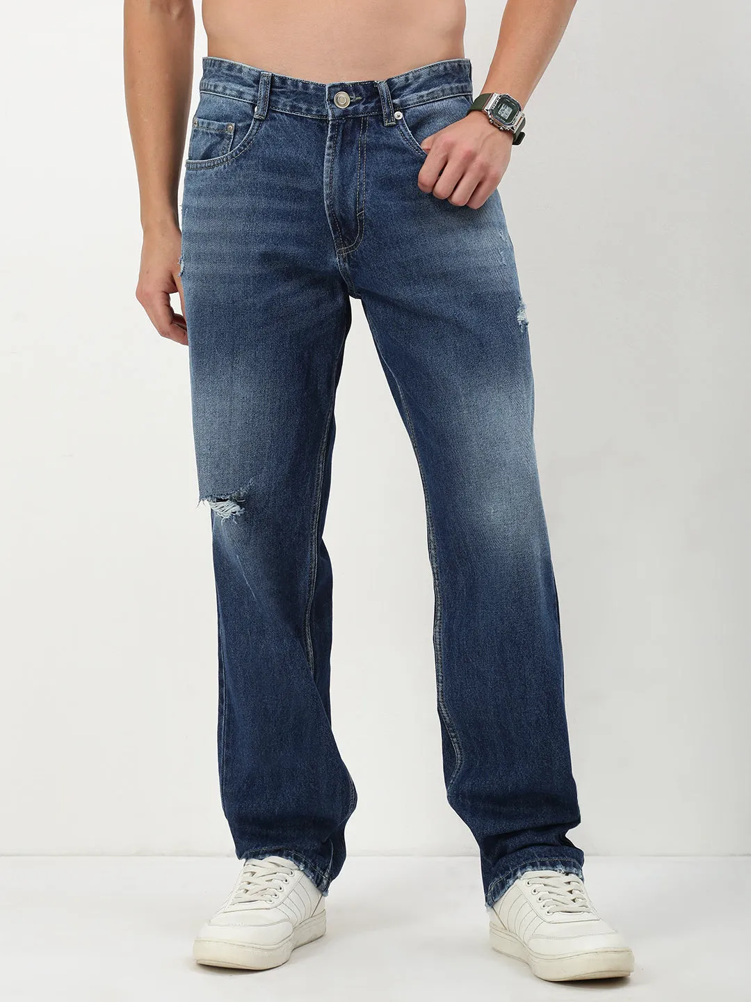 Men's Blue Solid Straight Fit Jeans All Round Fit Formal Adult Fashion