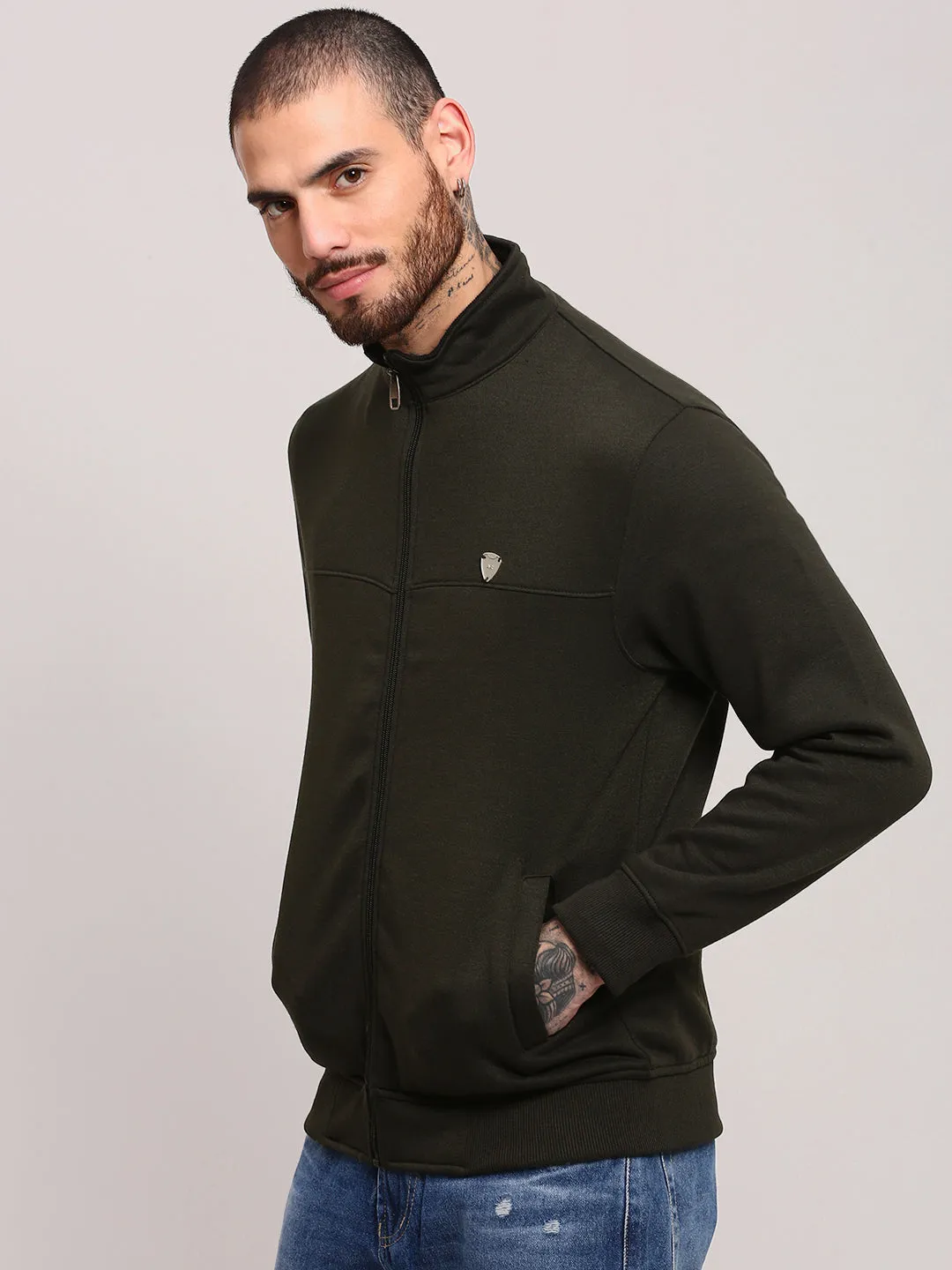 Men's Green Mock Collar Cotton Sweatshirt Travel Sporty