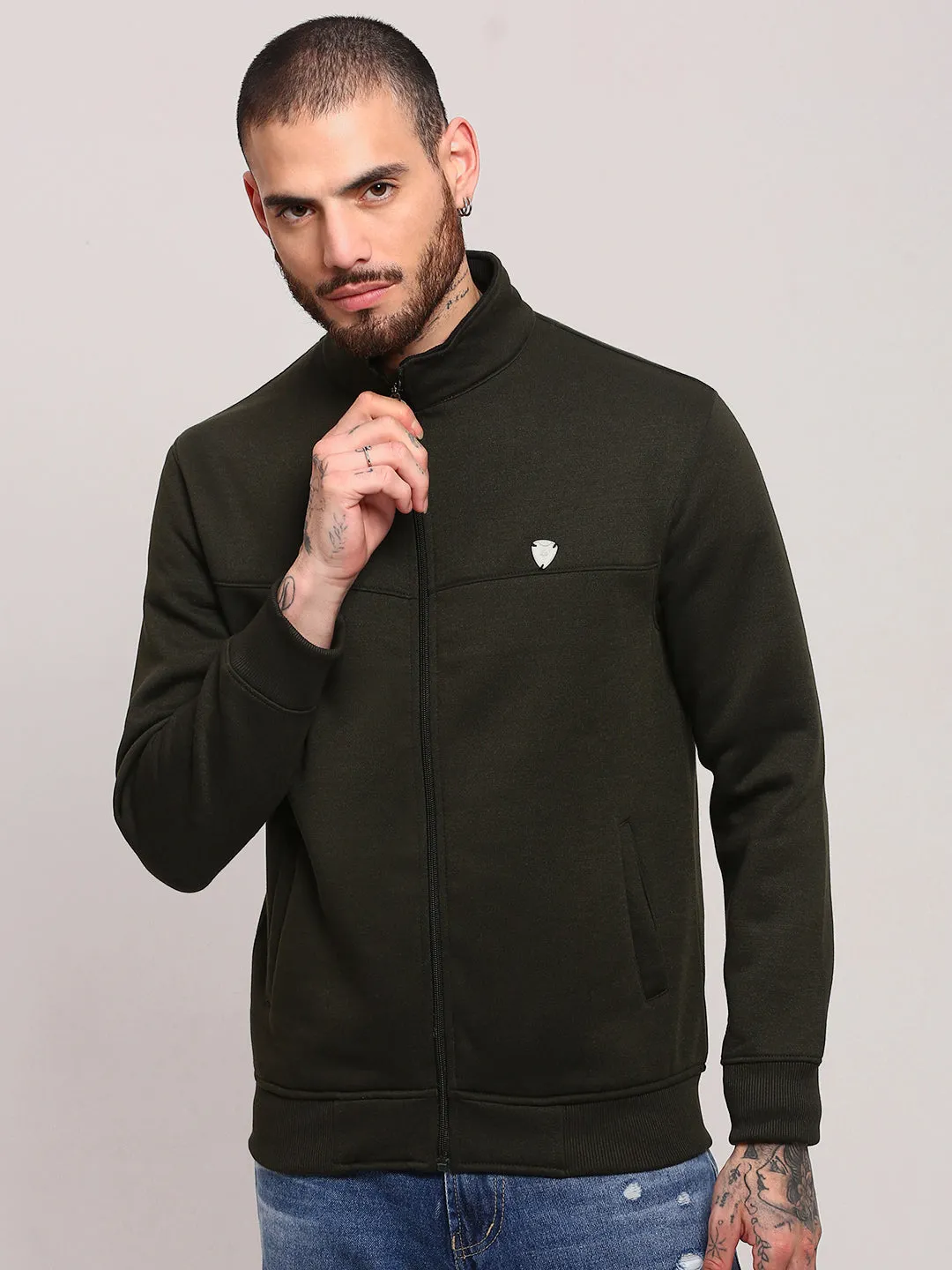 product business casual suitability product water resistant protection Men's Green Mock Collar Cotton Sweatshirt