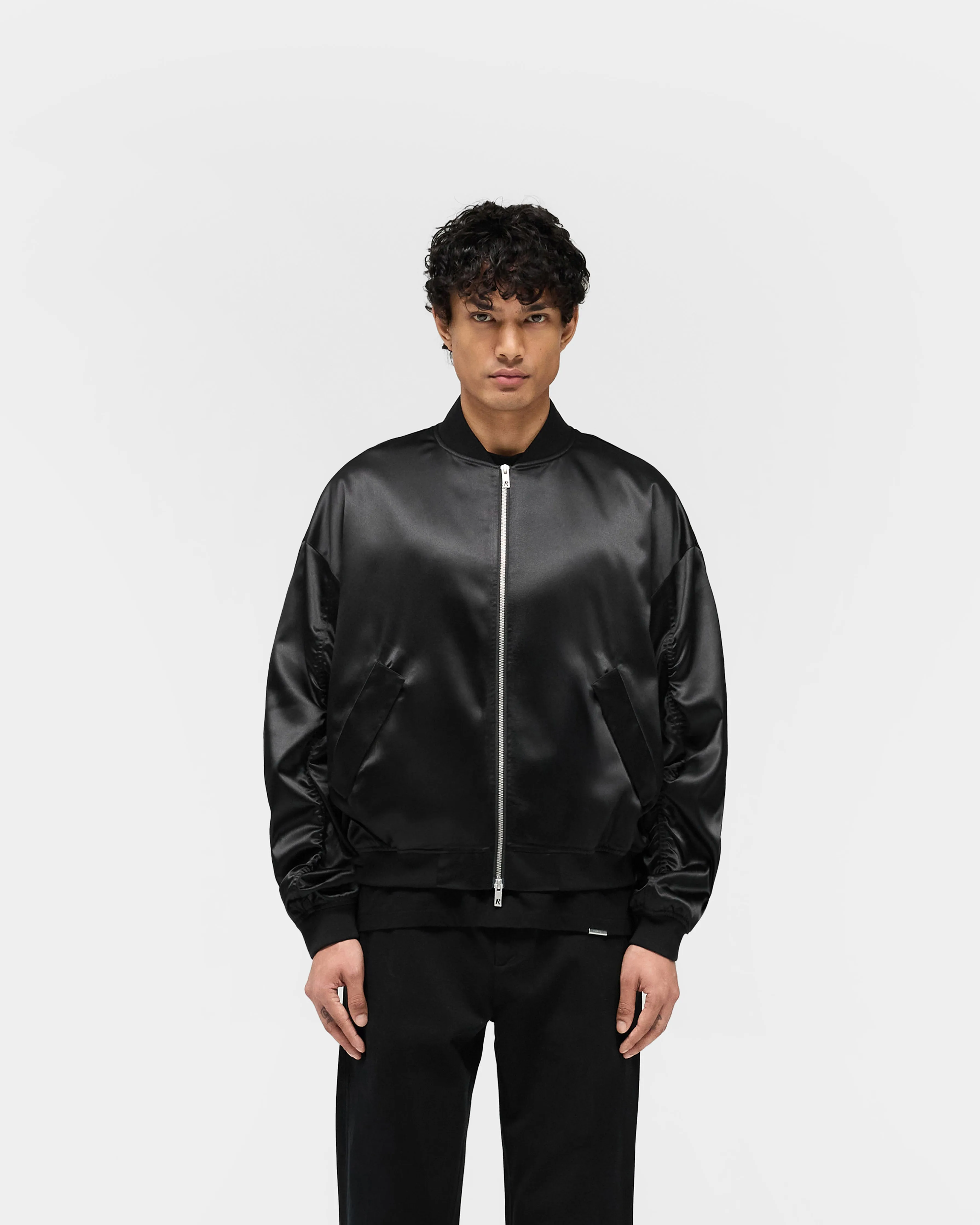 FadeResistant Print Lightweight Packability Satin Bomber - Black
