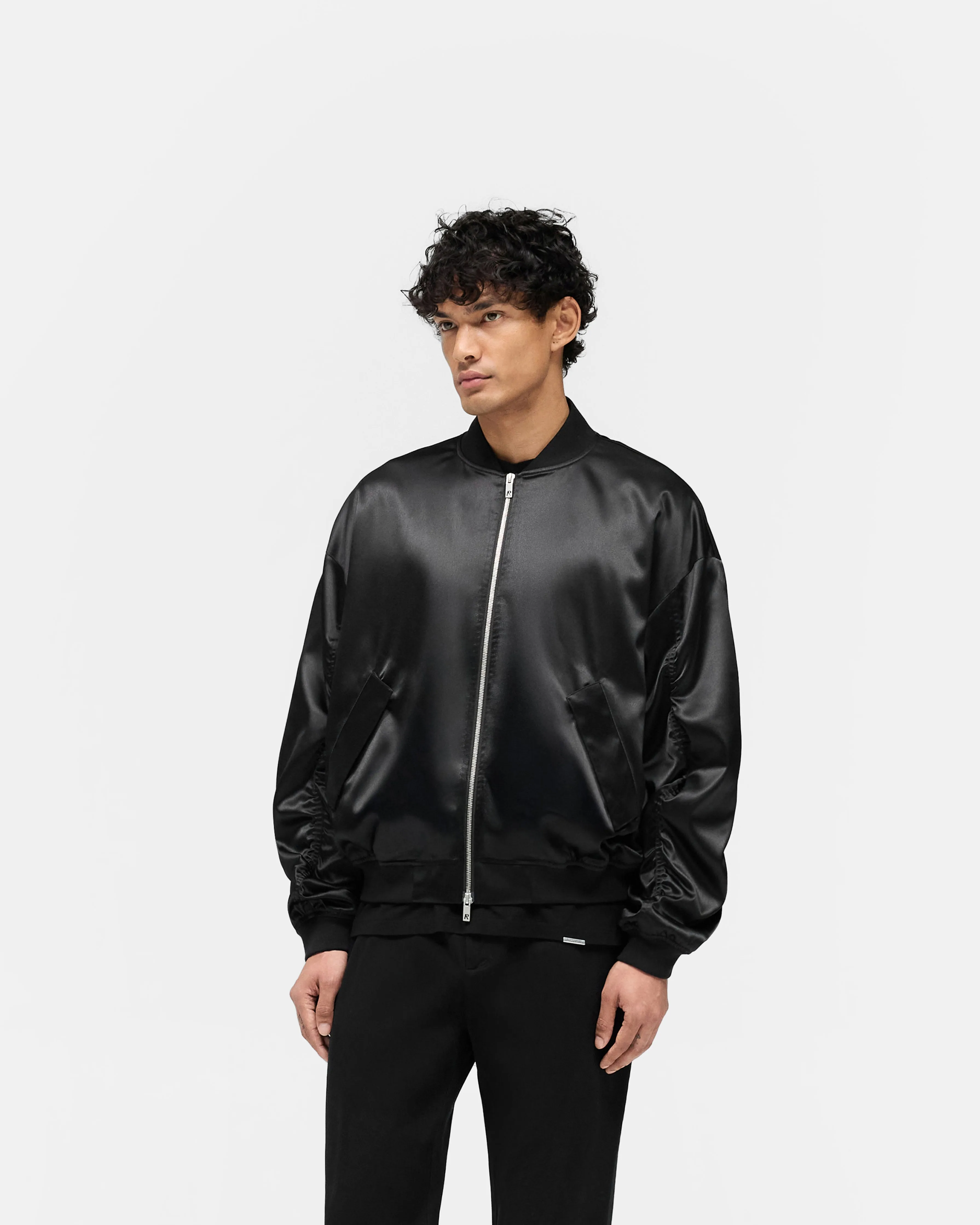 Elasticized Waist Flexible Elbow Patches Satin Bomber - Black