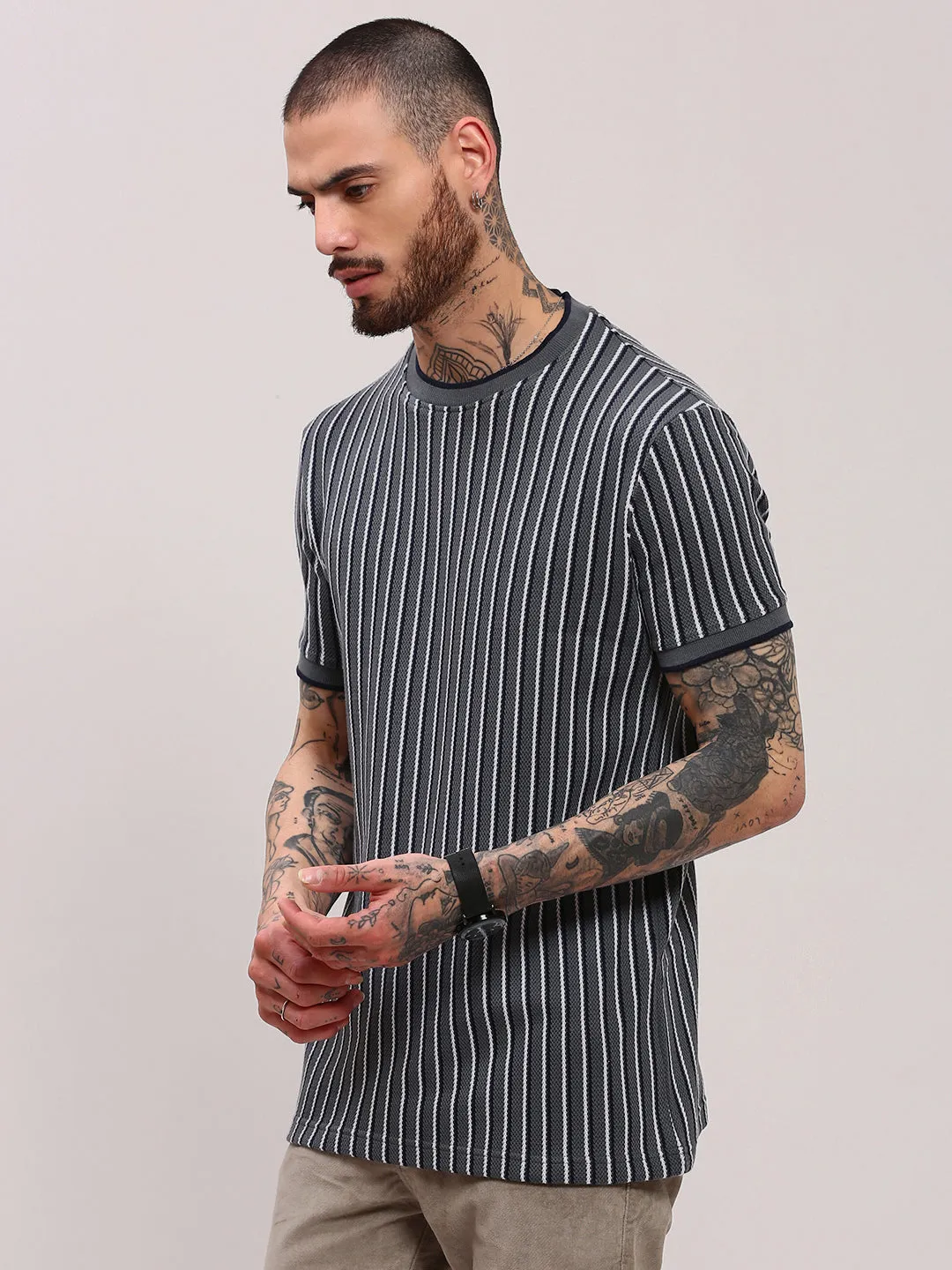 Men's Grey Round Neck Striped T-Shirt Laid-Back Outfit