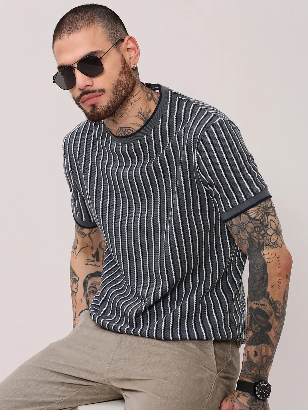 Professional Look StretchFree Men's Grey Round Neck Striped T-Shirt