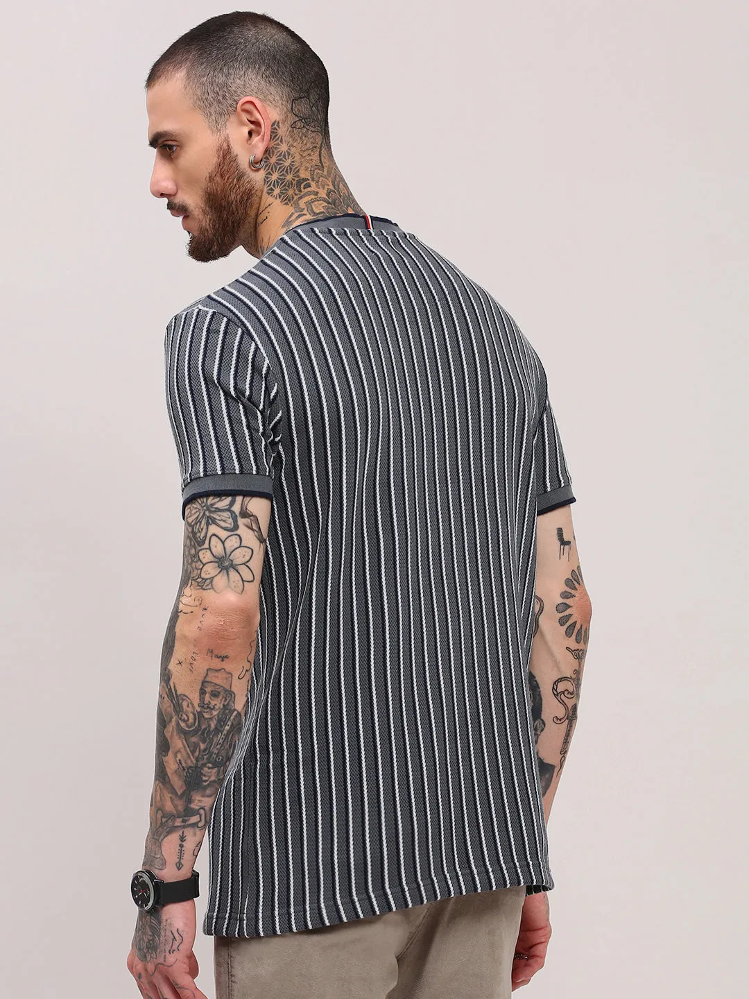 Timeless Dress Men's Grey Round Neck Striped T-Shirt