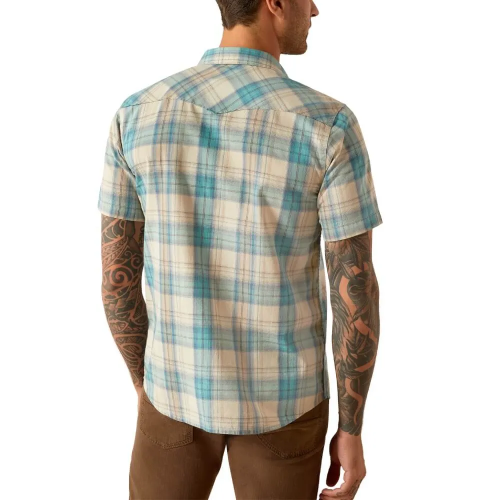 Relaxed Comfort Fit Ariat Men's S/S Southwest Plaid Howland Retro Fit Western Button Down Shirt in Turquoise (Available in Tall Sizes)