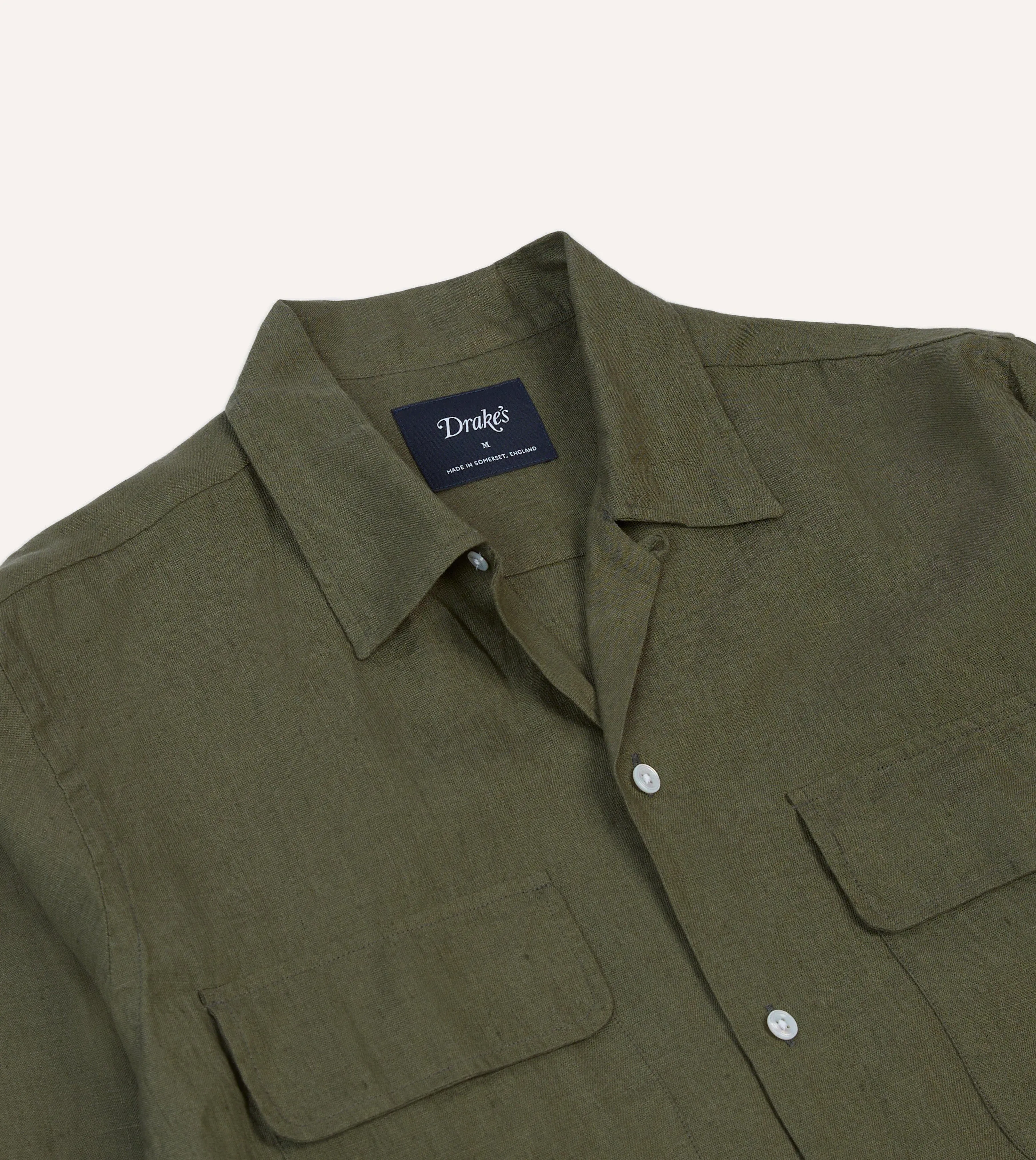 Soft Touch Fit Multi Panel Structure Khaki Linen Camp Collar Long Sleeve Shirt