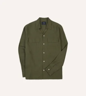 Khaki Linen Camp Collar Long Sleeve Shirt Eye-Catching Stretchable Weave