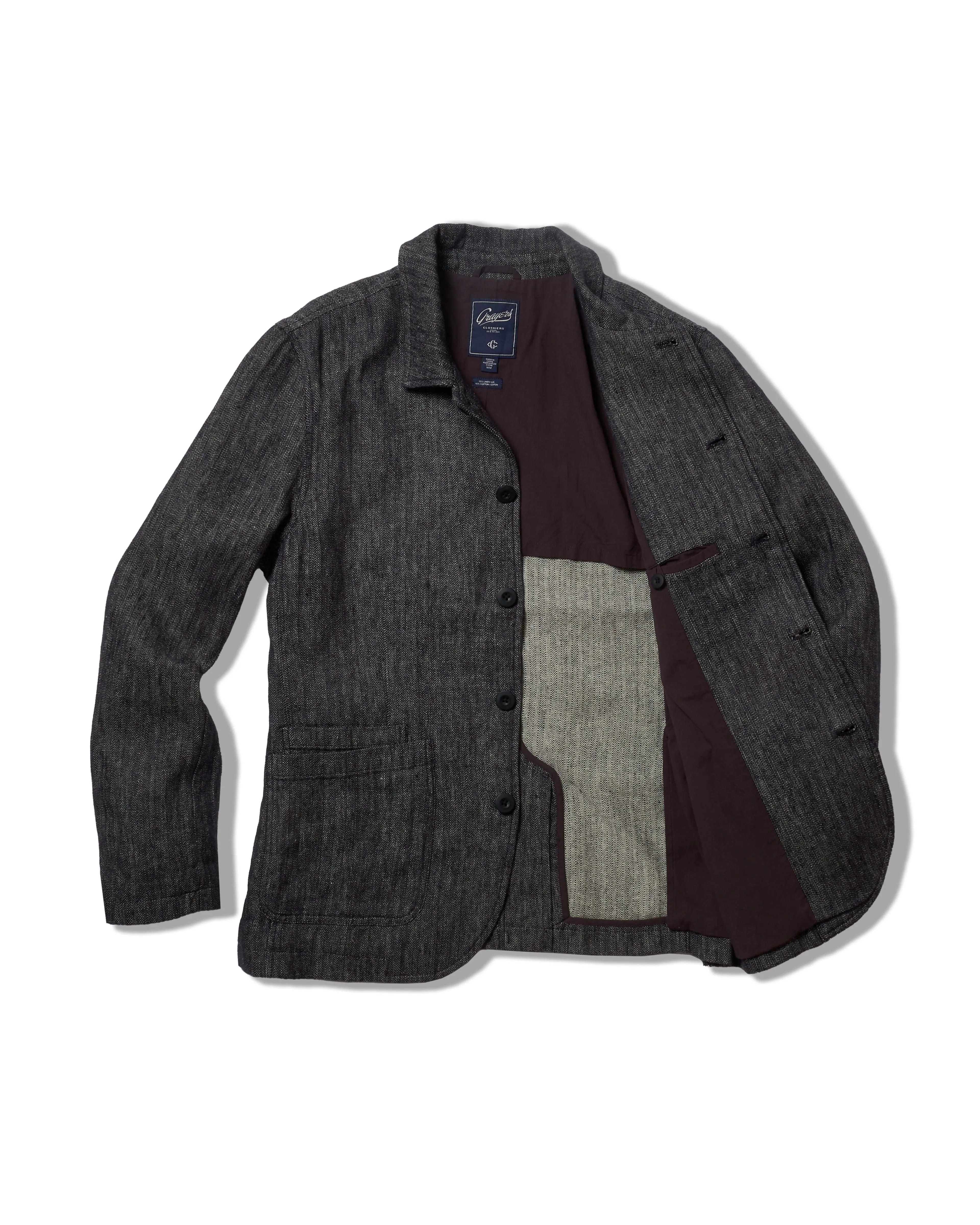 Gaudet Linen French Chore Jacket - Navy Herringbone Mid Length Design