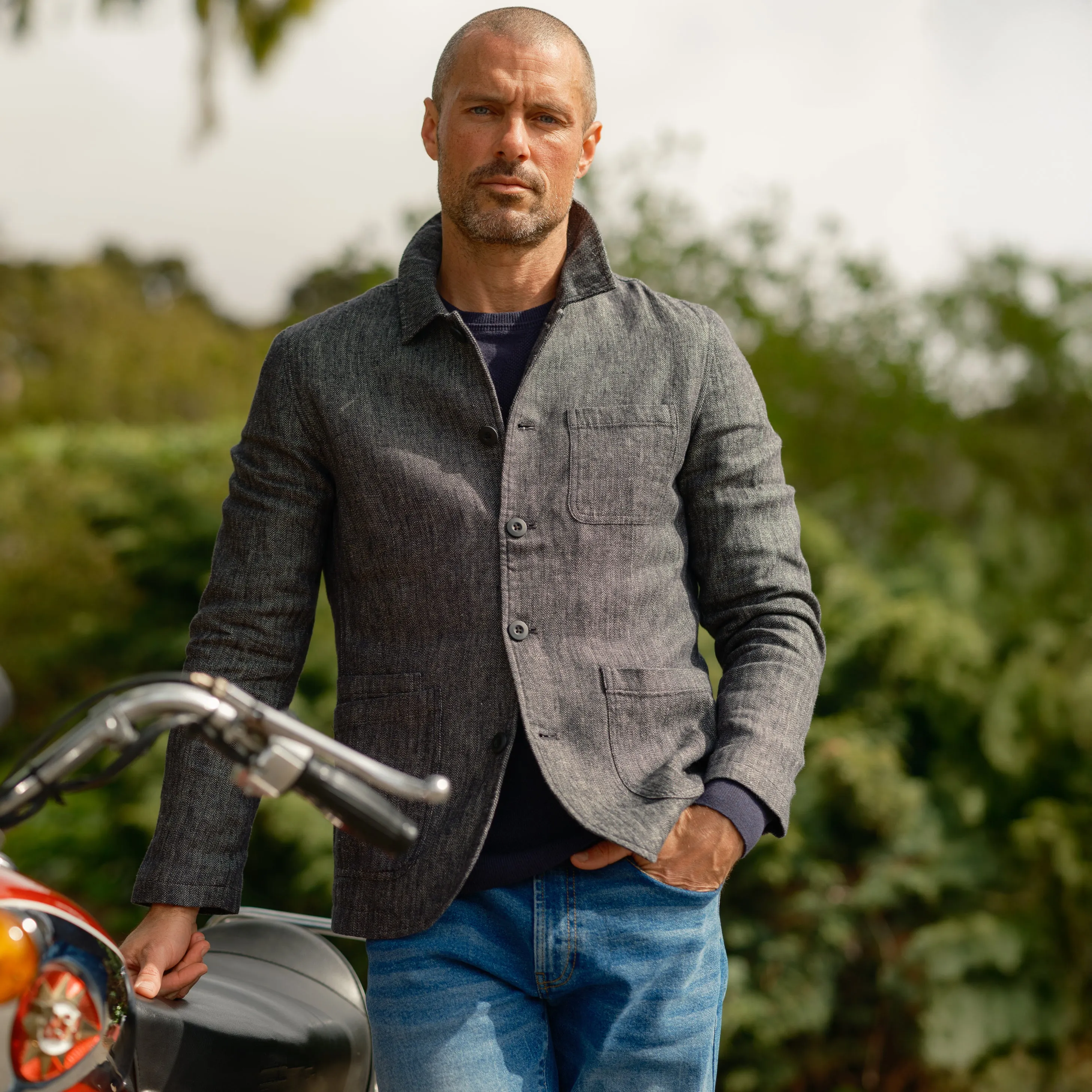 High Loft Insulation Gaudet Linen French Chore Jacket - Navy Herringbone