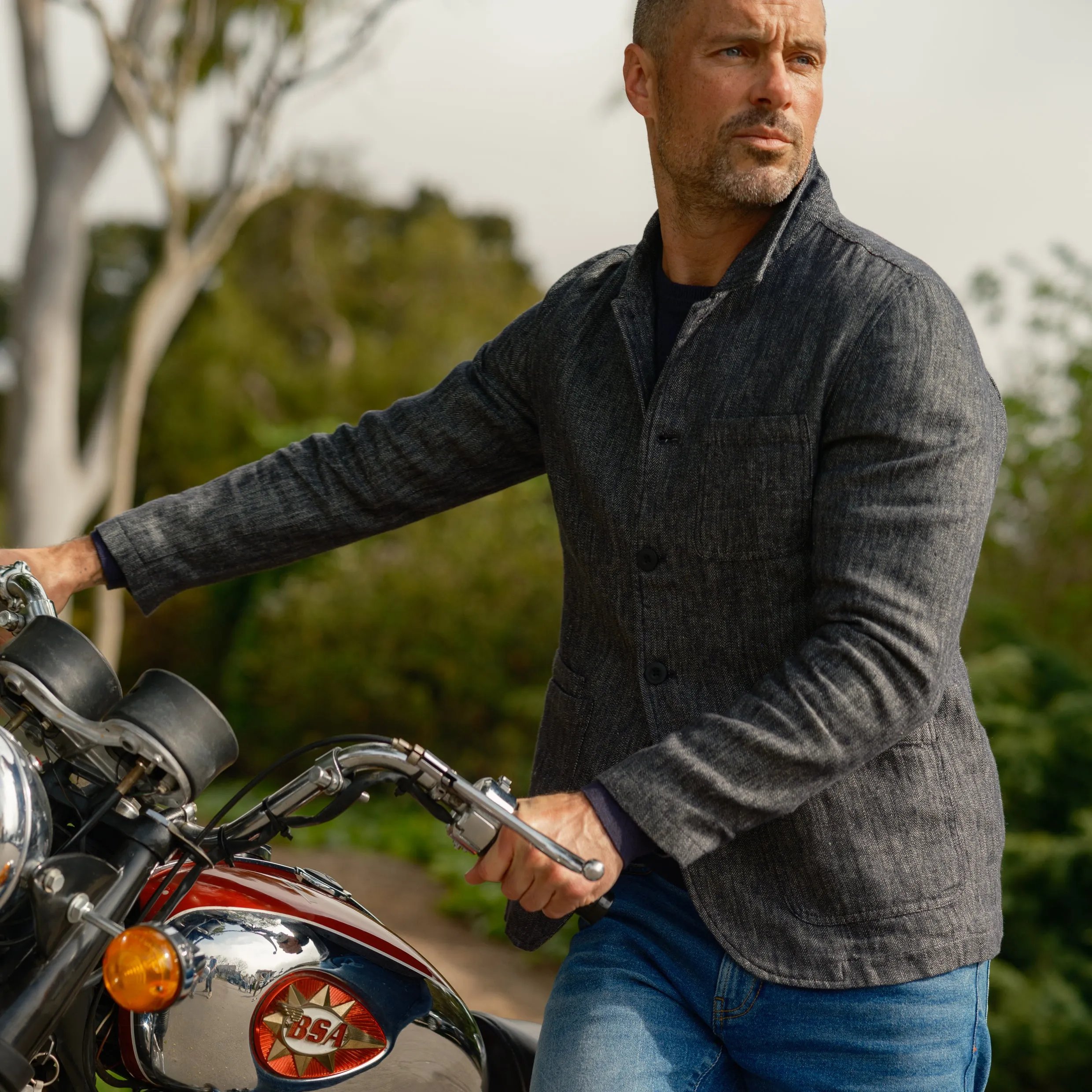 Gaudet Linen French Chore Jacket - Navy Herringbone Mid Length