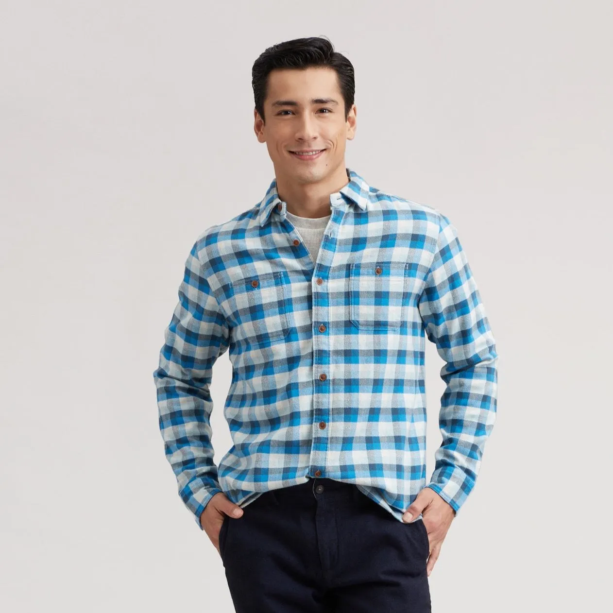 Gingham Heritage Flannel Shirt - Navy Blue Gray * Comfortable Casual