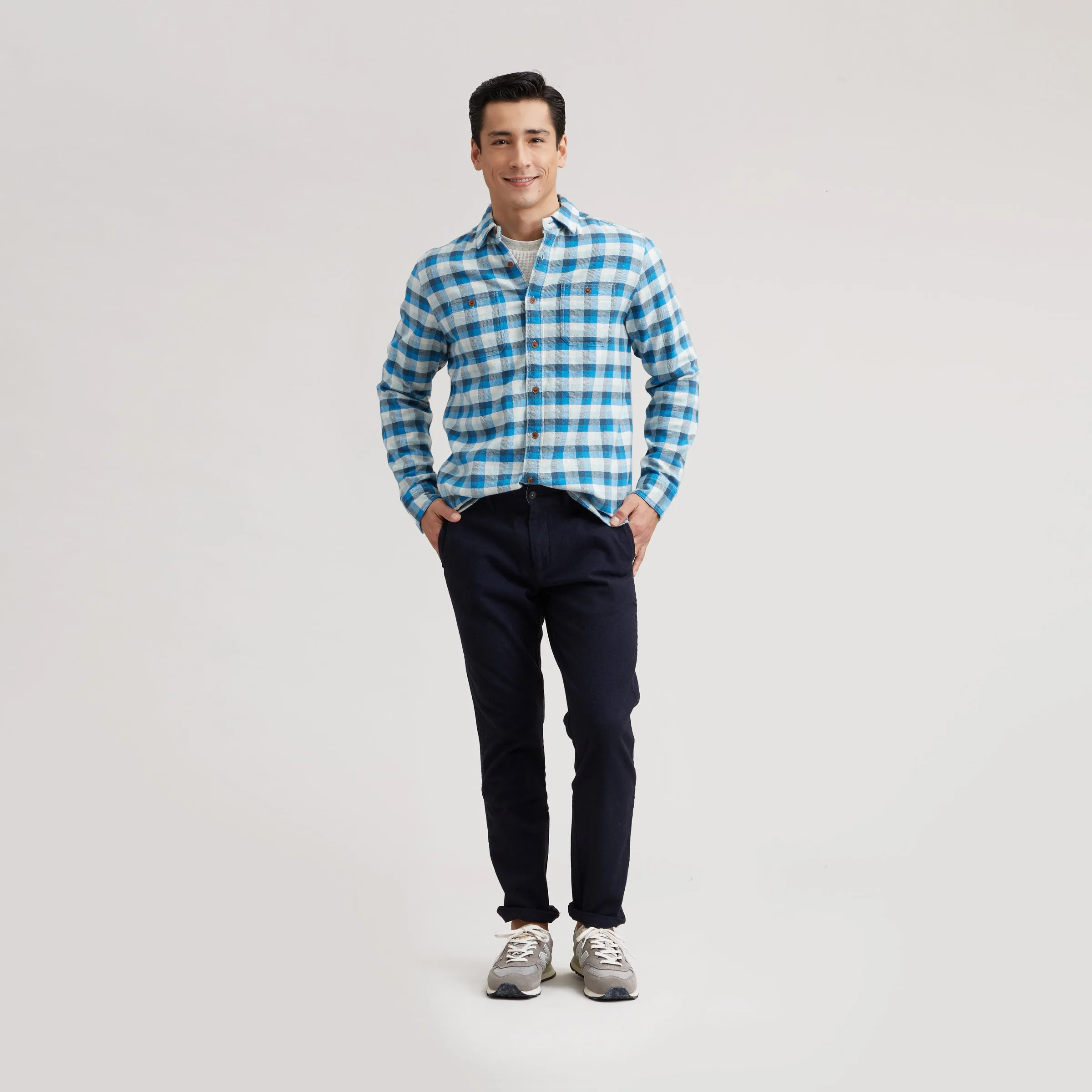 Seasonal Layering Sleek Stretch Fit Gingham Heritage Flannel Shirt - Navy Blue Gray *