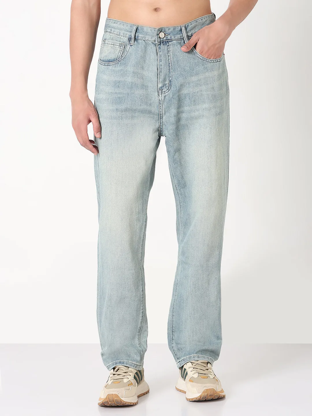 Men's Light Blue Washed Straight Fit Jeans High Quality Eco Friendly