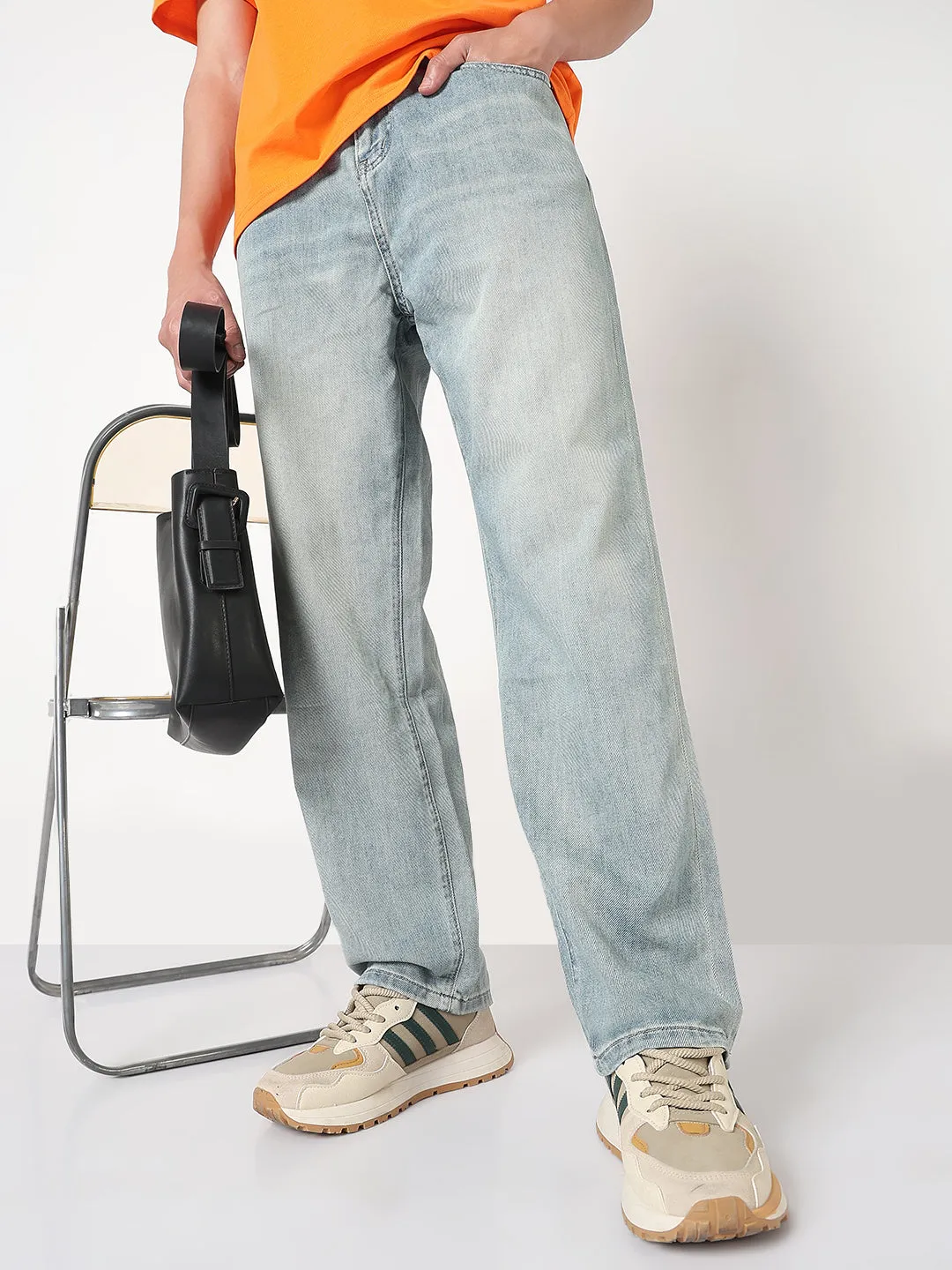 Men's Light Blue Washed Straight Fit Jeans Unisex Look