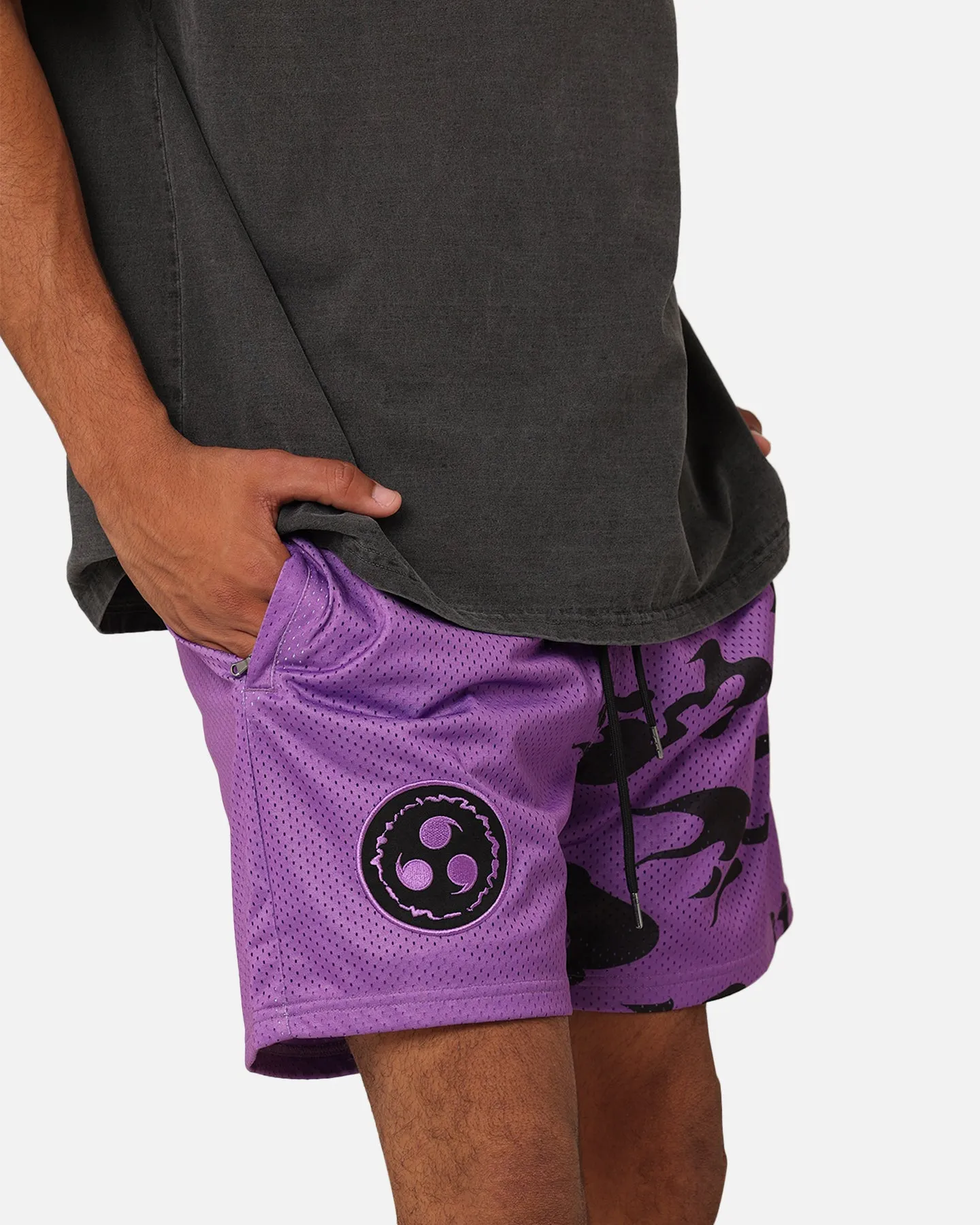 Casual Comfort Ripstop Material Goat Crew X Naruto Curse Mark Mesh Shorts Purple/Black