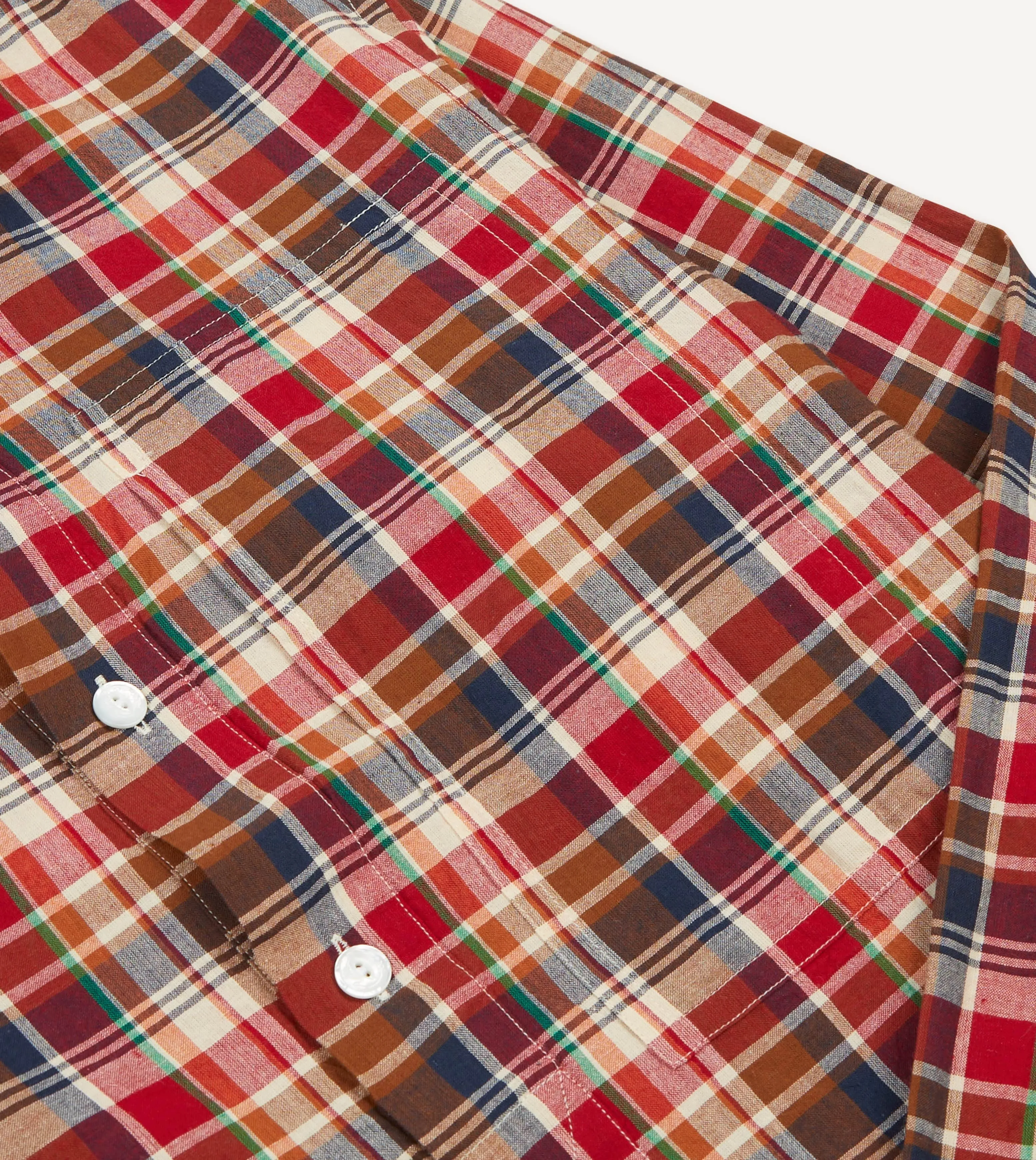 Performance Layer Brown, Navy and Red Madras Check Cotton Mandarin Collar Popover Shirt