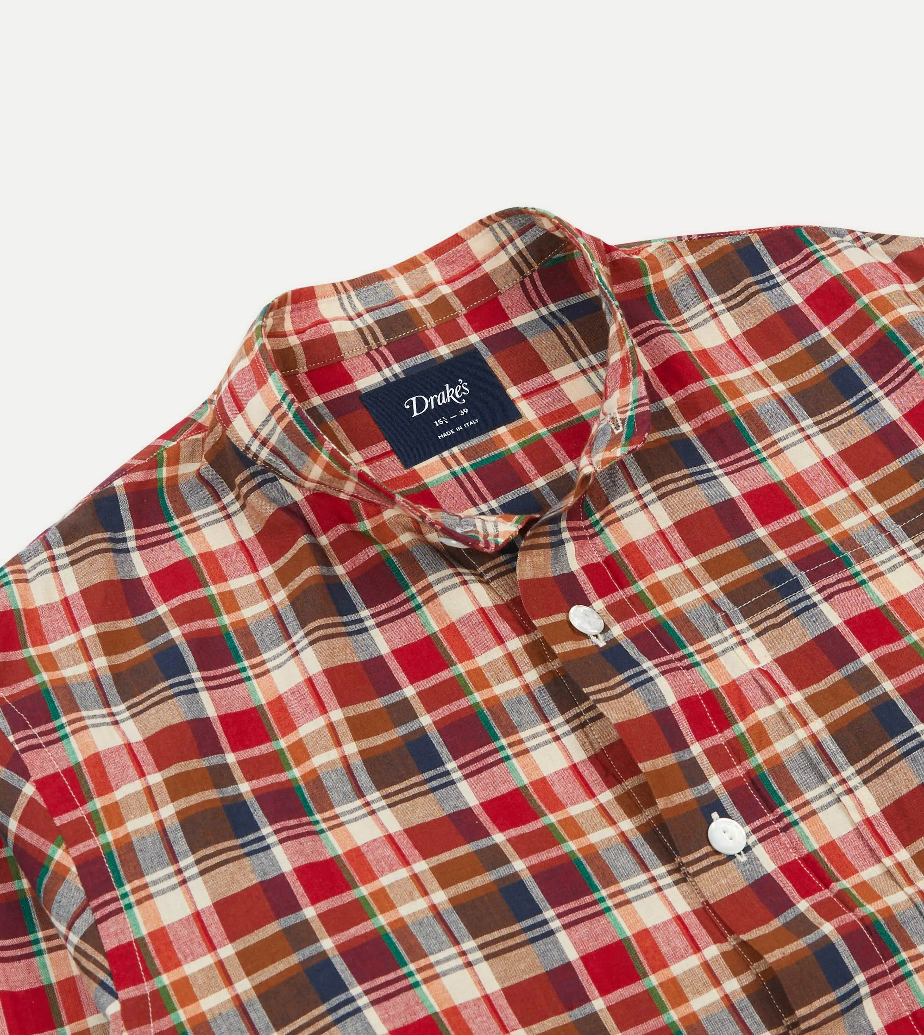 Brown, Navy and Red Madras Check Cotton Mandarin Collar Popover Shirt Soft & Smooth