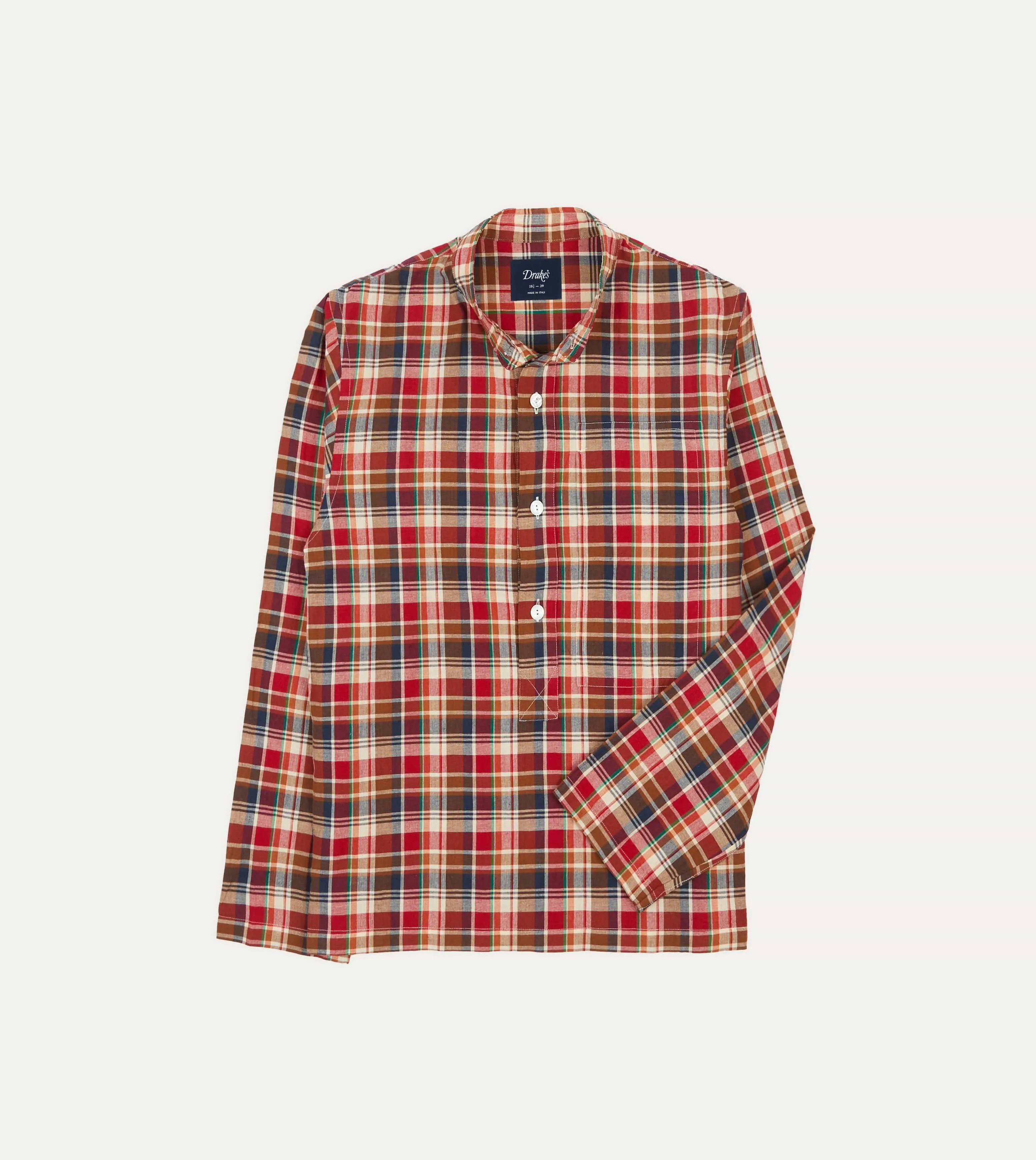 Casual Flex Fit Brown, Navy and Red Madras Check Cotton Mandarin Collar Popover Shirt