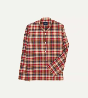 Casual Flex Fit Brown, Navy and Red Madras Check Cotton Mandarin Collar Popover Shirt
