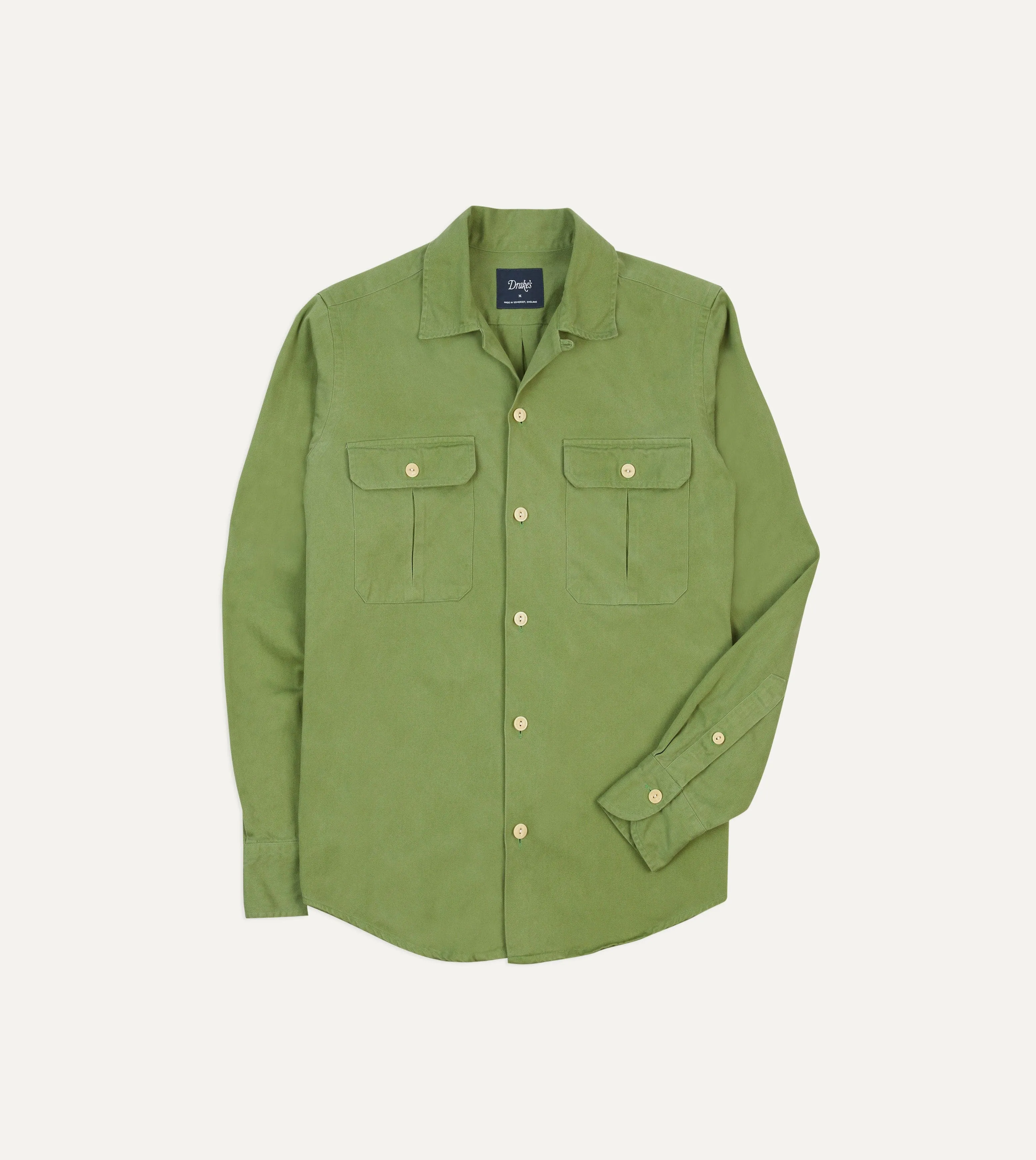 Green Brushed Cotton Twill Camp Collar Long Sleeve Shirt Flexible Ribbed Neckline