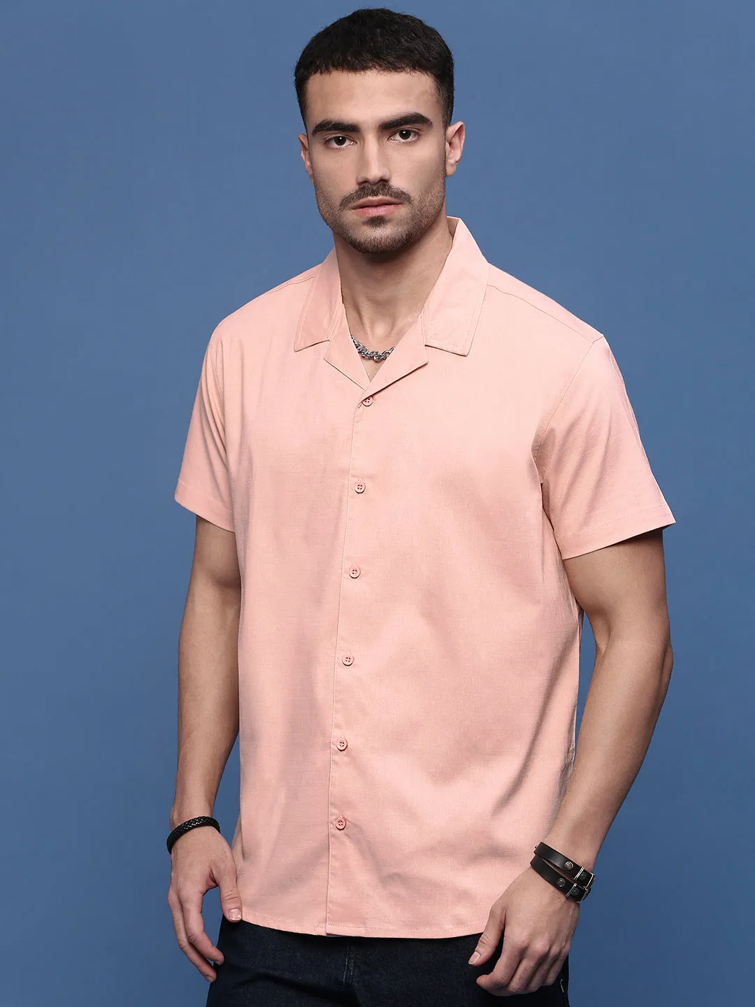 Men's Peach Solid Cuban Collar Shirt Cozy Style