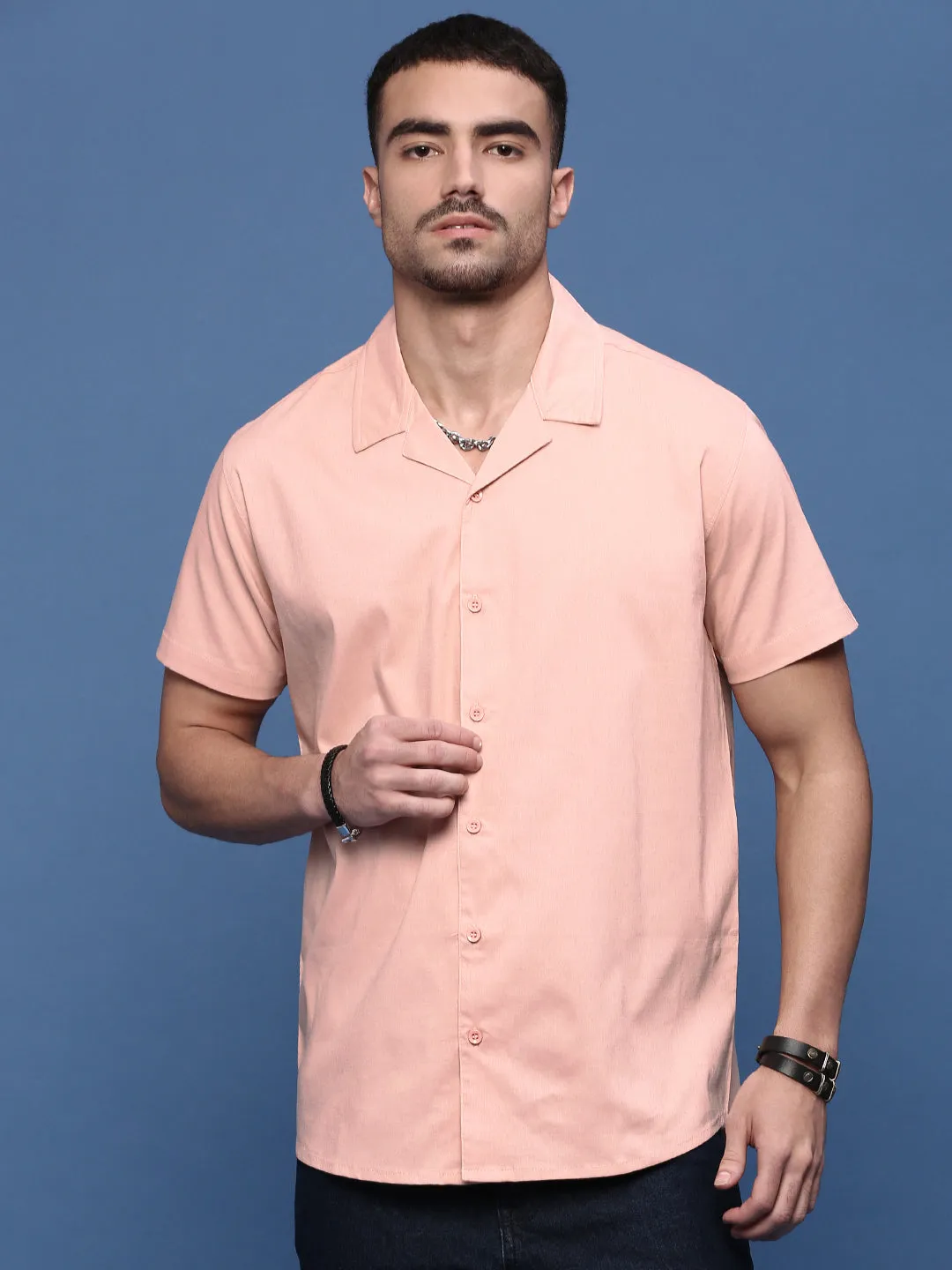 Model Edge Daywear Style Men's Peach Solid Cuban Collar Shirt