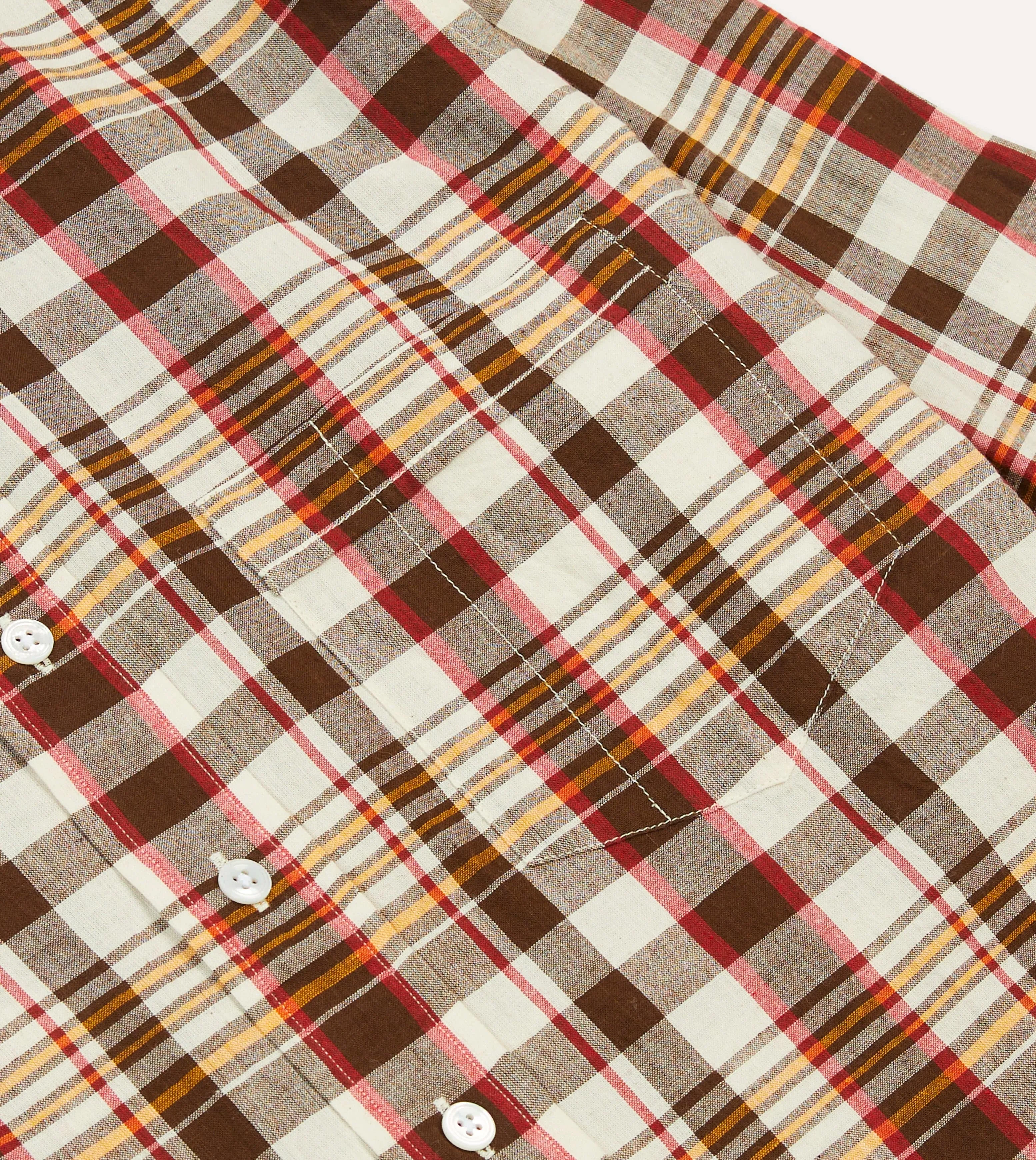 Modern Twist Lightweight Comfort Brown and Red Madras Check Cotton Button-Down Shirt