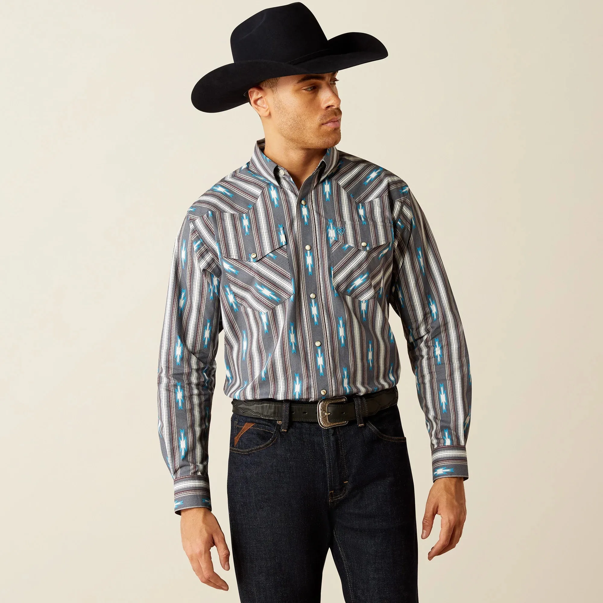 Ariat Men's Rocky L/S Classic Fit Western Snap Shirt in Grey Southwest Stripe Versatile Piece
