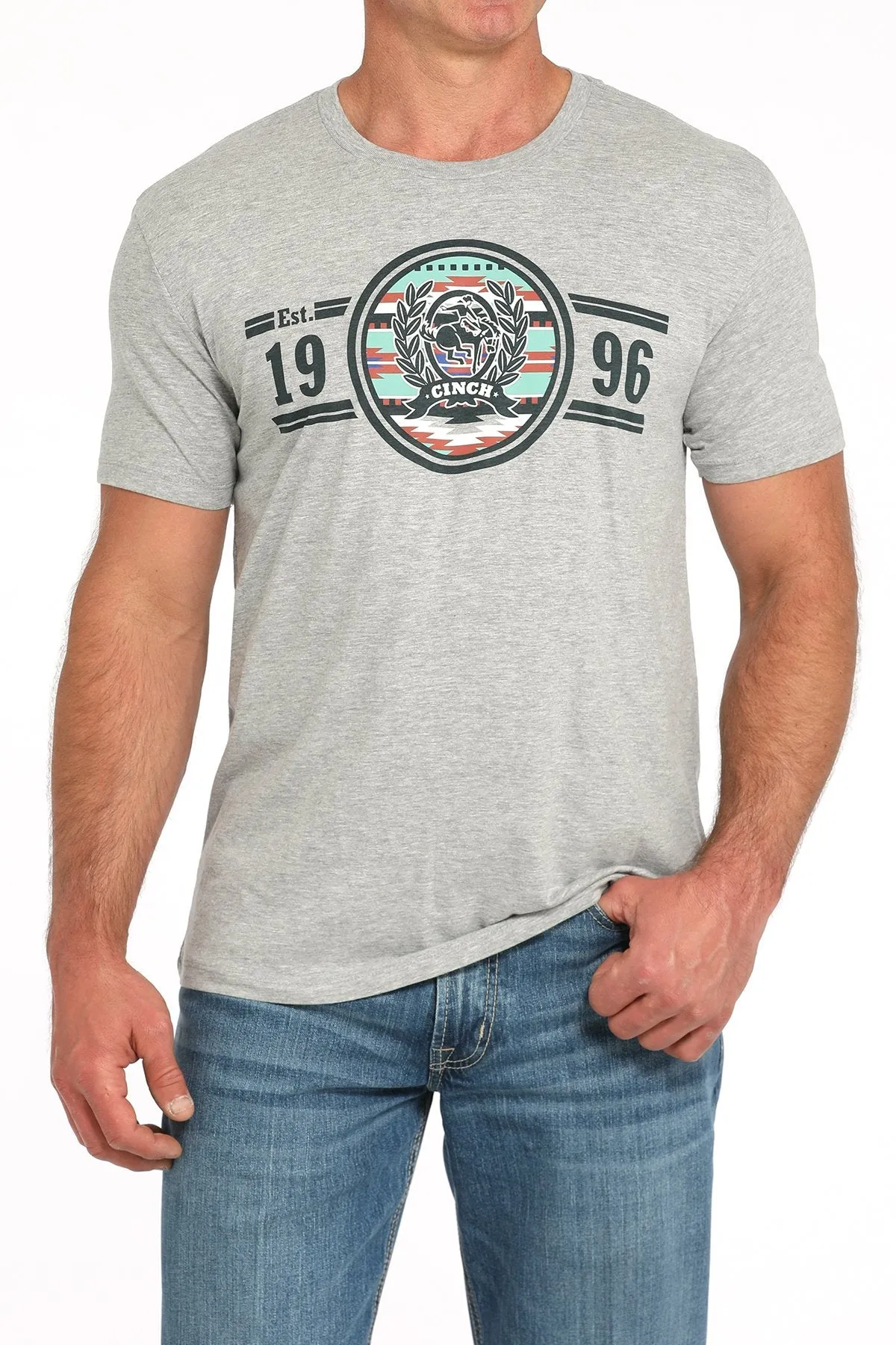 Cinch Men's 1996 Graphic Logo T-Shirt in Grey Garment Dyed Finish Camping attire