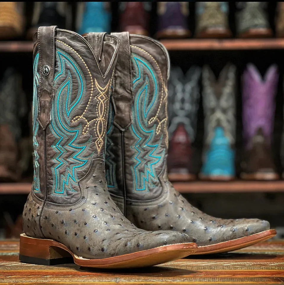 Metallic Accent Tanner Mark Men's Imitation Ostrich Boot in Black-Brown