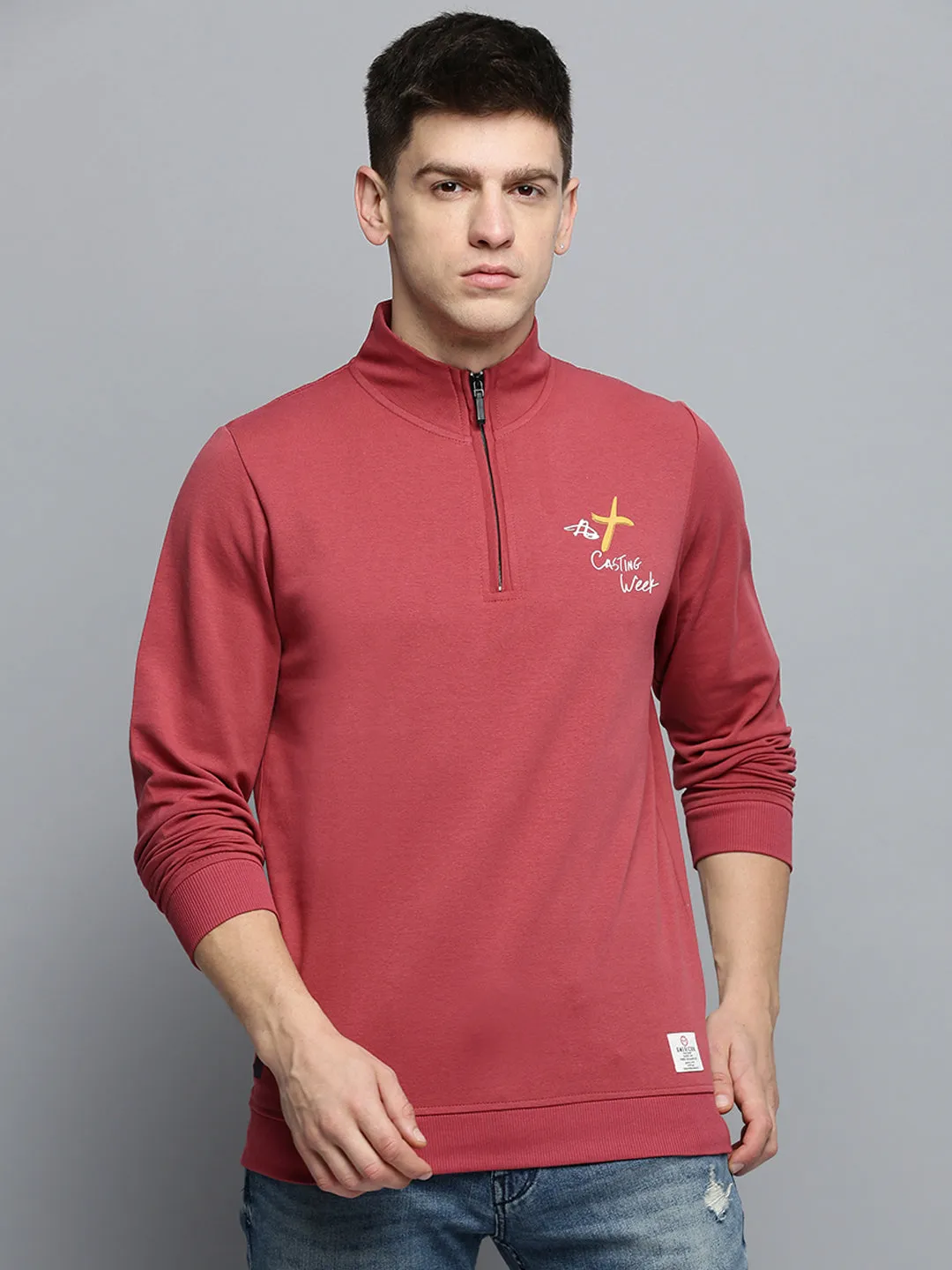 Cozy Comfort goes with jeans Men's Rose Typography Printed Mock Collar Cotton Sweatshirt