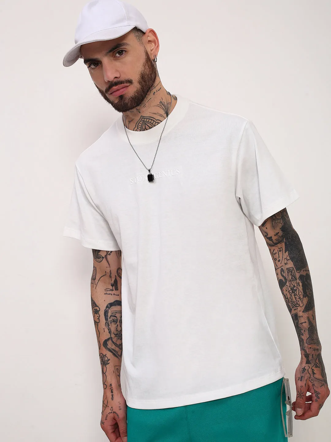 Men's White Solid Typography Embossed Relaxed Fit Cotton T-Shirt Cozy Street earthy colors