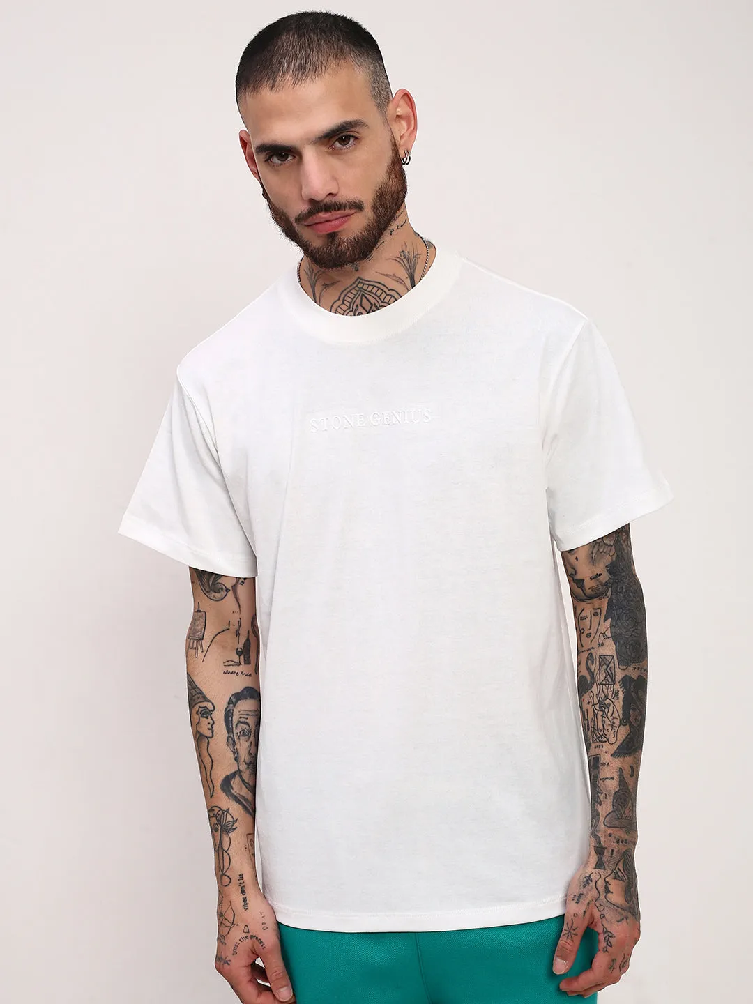 Men's White Solid Typography Embossed Relaxed Fit Cotton T-Shirt industry standard Casual Hoodie