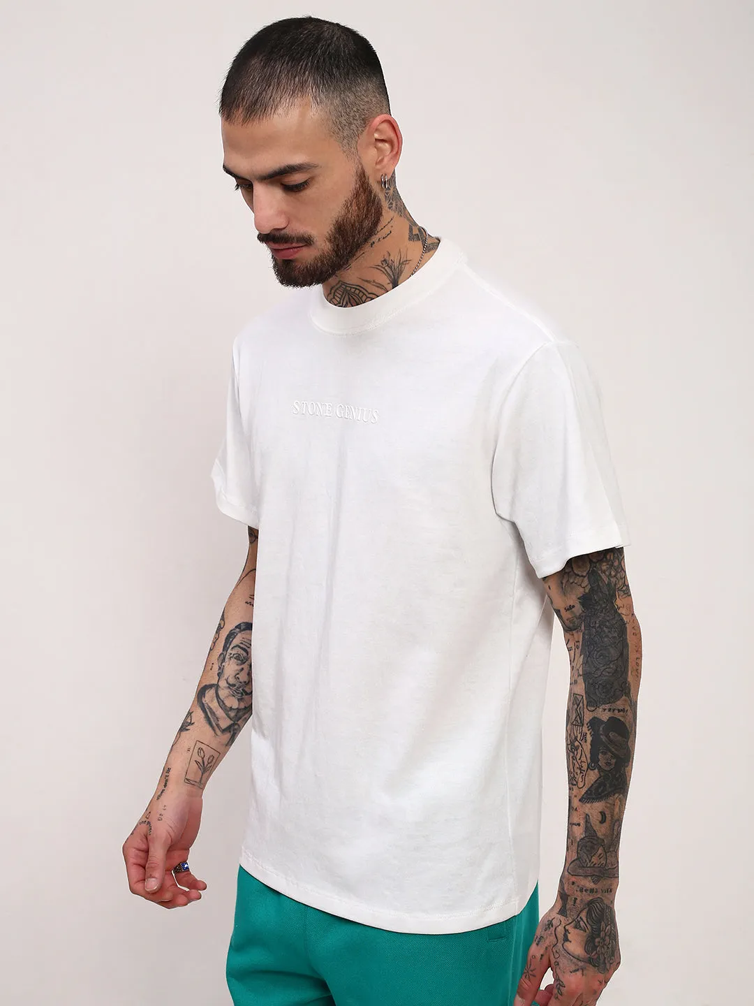 Men's White Solid Typography Embossed Relaxed Fit Cotton T-Shirt product running suitability