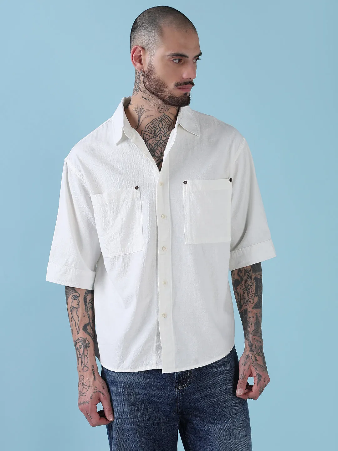 Men's White Solid Relaxed Fit Casual Shirt Ski Core Weather Ready