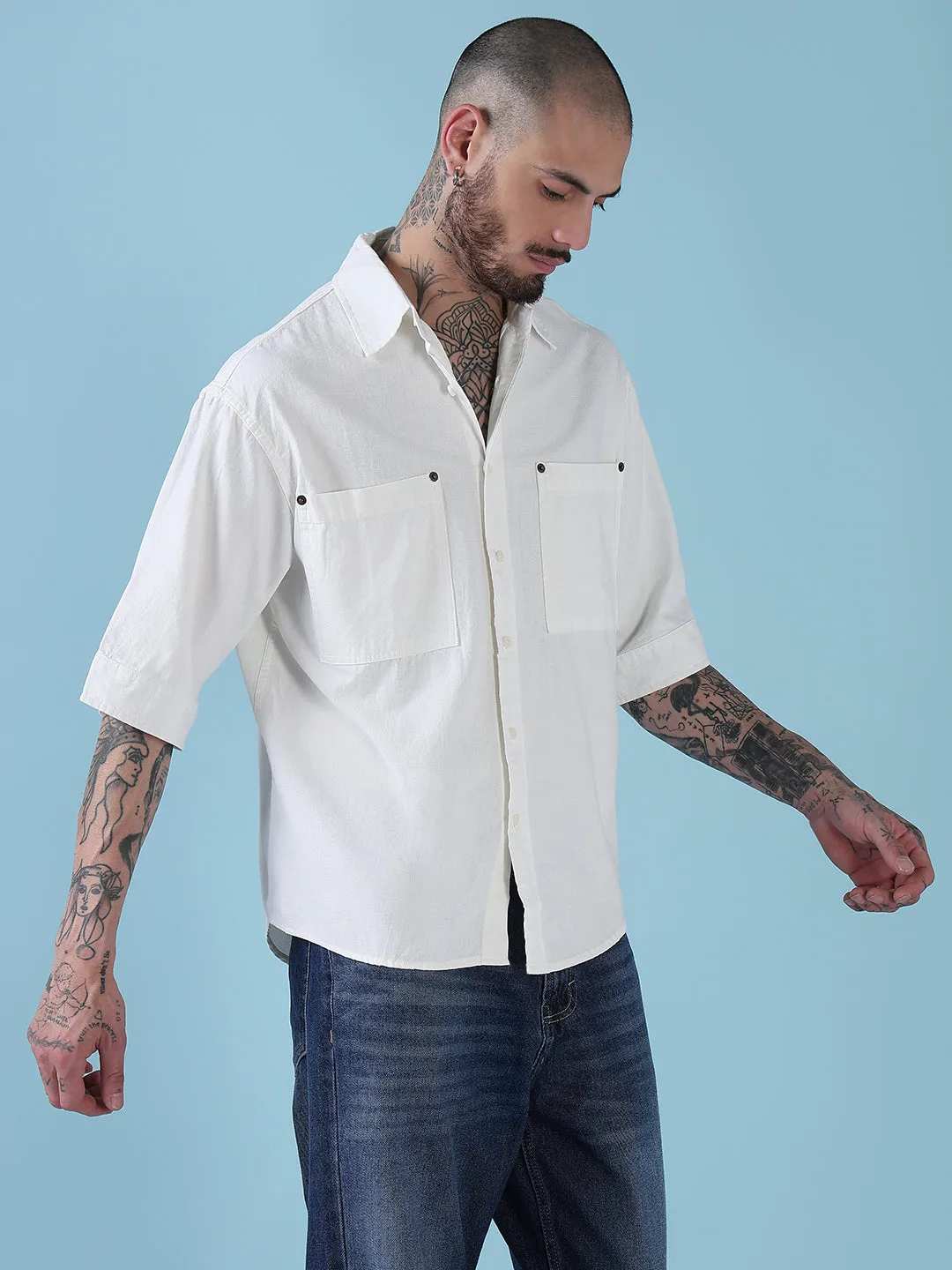 Men's White Solid Relaxed Fit Casual Shirt Adjustable Fastenings SeamlessFit