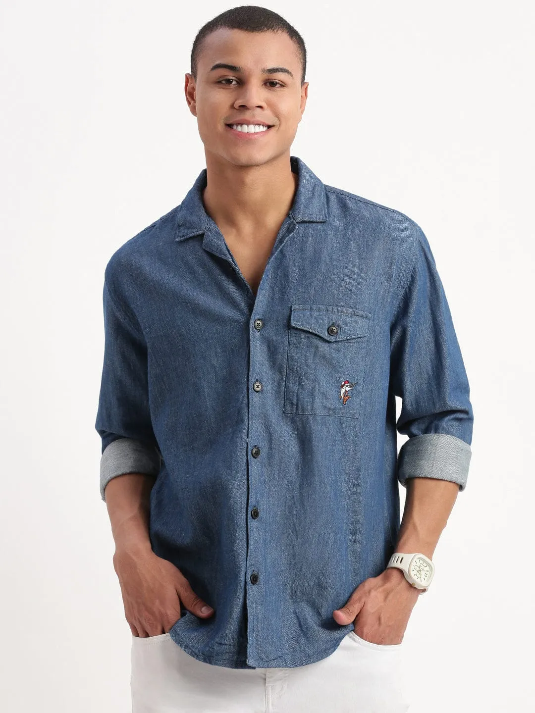 Men's Cuban Collar Solid Navy Blue Oversized Shirt Hot Core