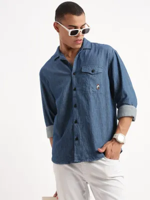 Men's Cuban Collar Solid Navy Blue Oversized Shirt Strong Soul Icon Fit