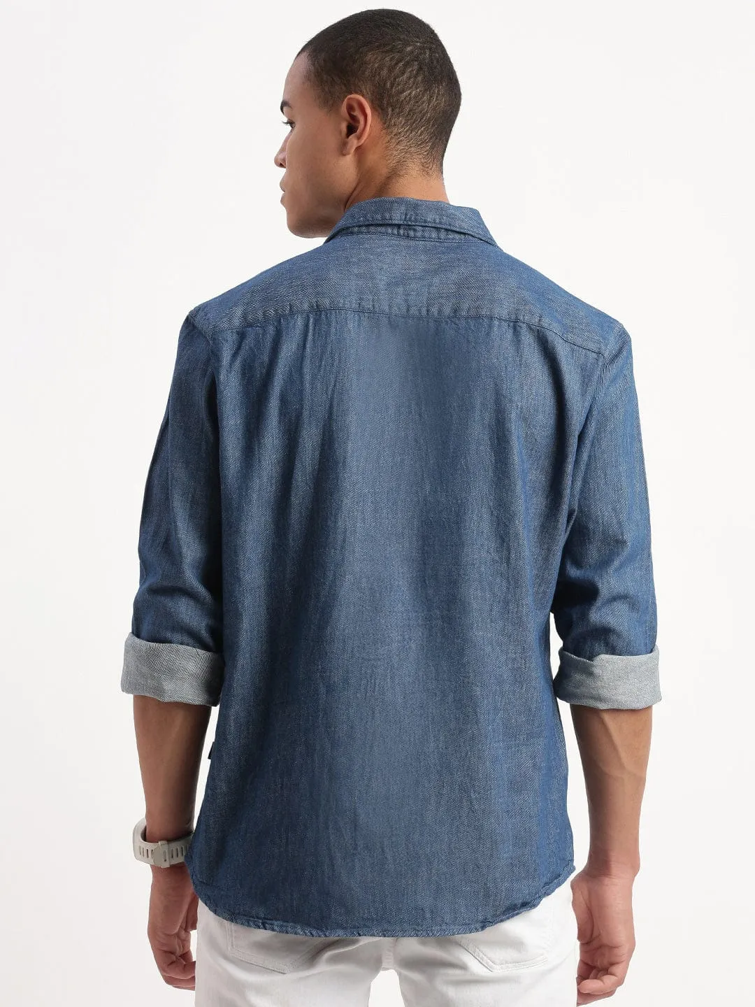 Warm Fashion MatteFinishTexture Men's Cuban Collar Solid Navy Blue Oversized Shirt