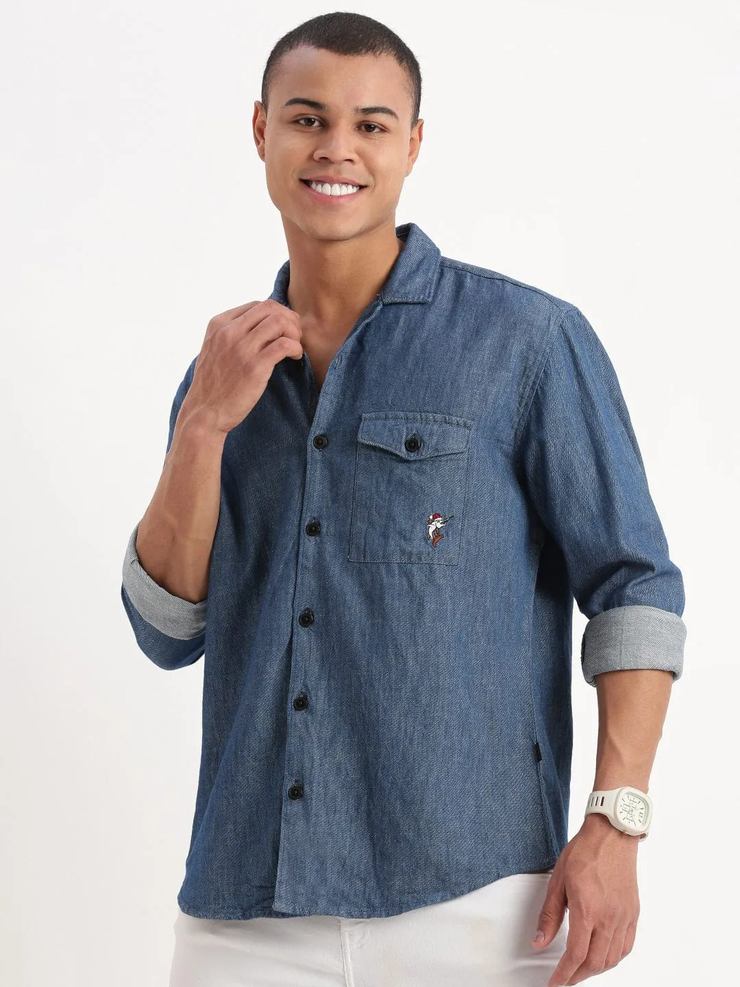 Men's Cuban Collar Solid Navy Blue Oversized Shirt Flash Core Layer Light