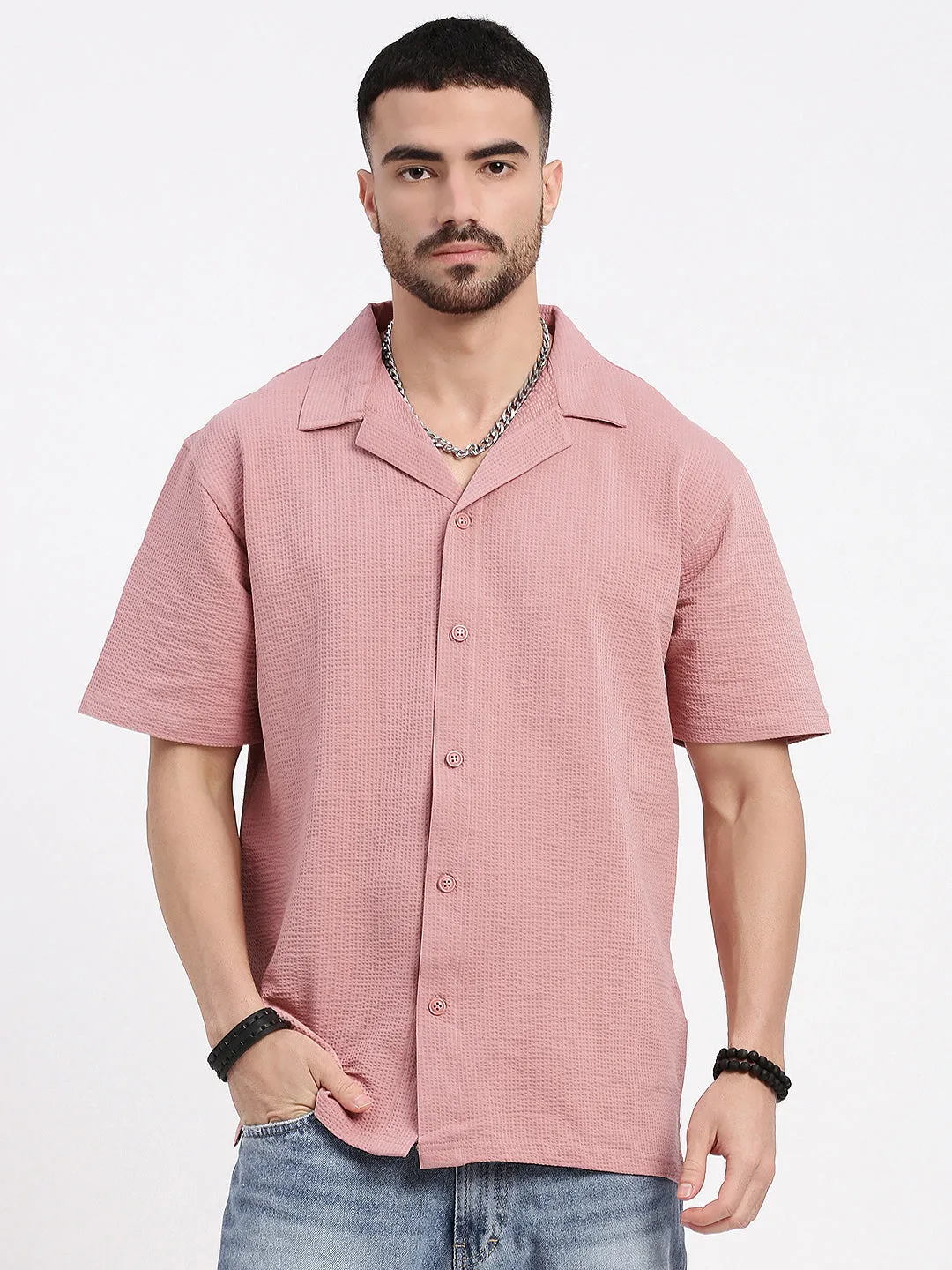 Men's Pink Cuban Collar Solid Shirt SweatAbsorbingTexture Evening Glow